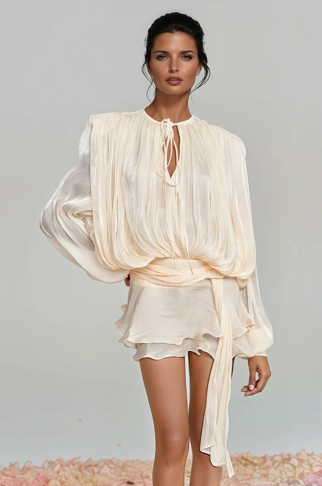 Apricot Balloon Sleeve Ruffle Mini Dress