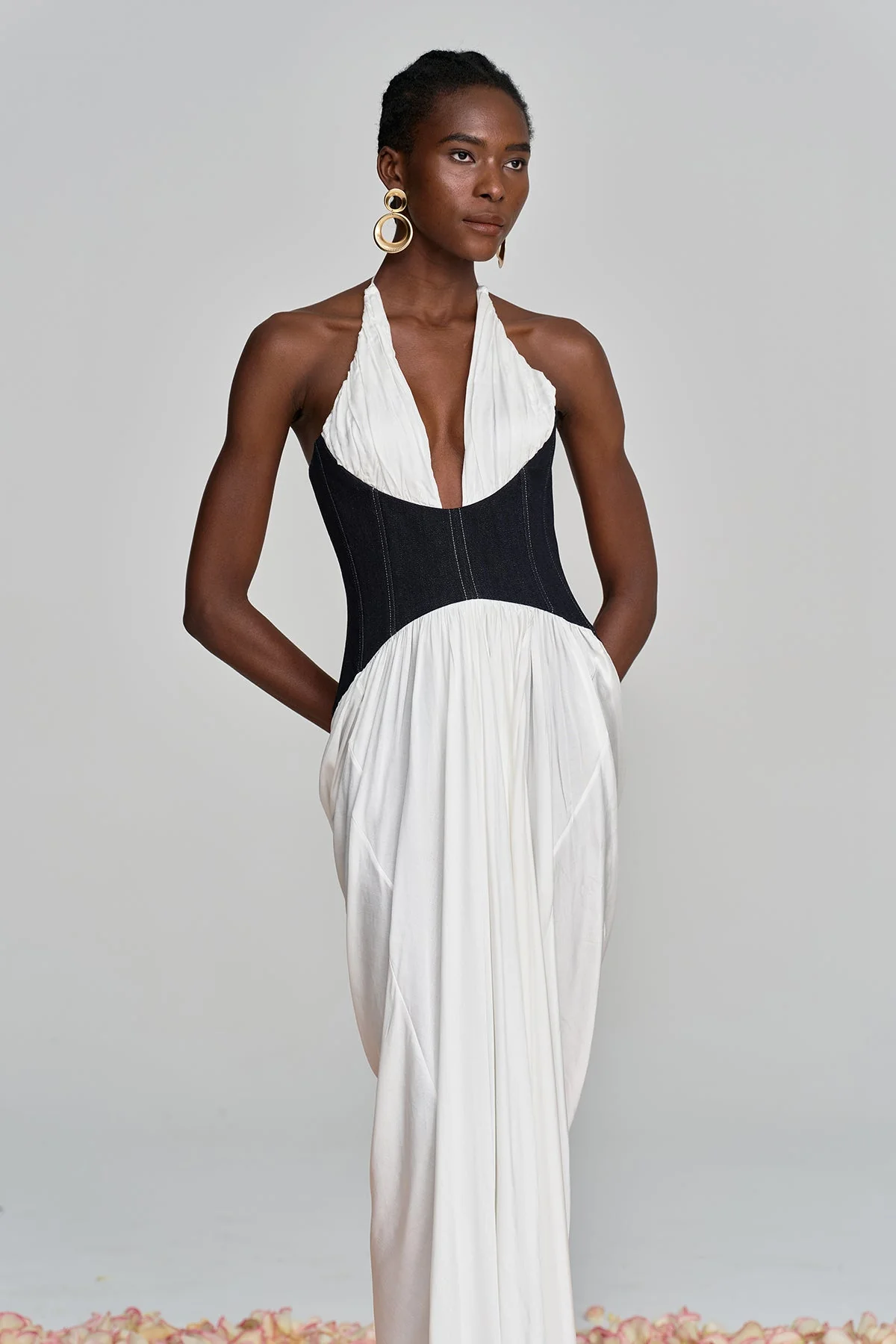 White Halter Neck Ruched Deconstruct Maxi Dress
