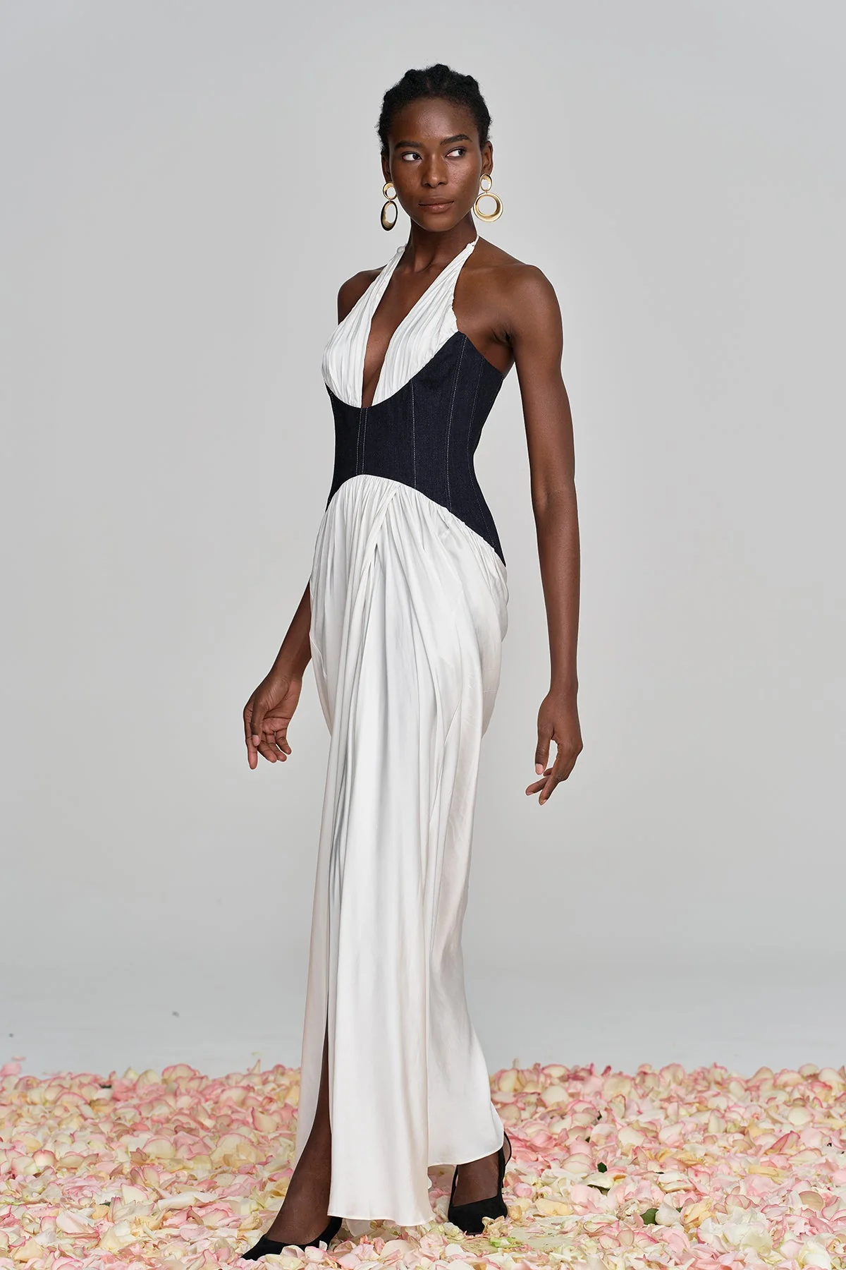 White Halter Neck Ruched Deconstruct Maxi Dress