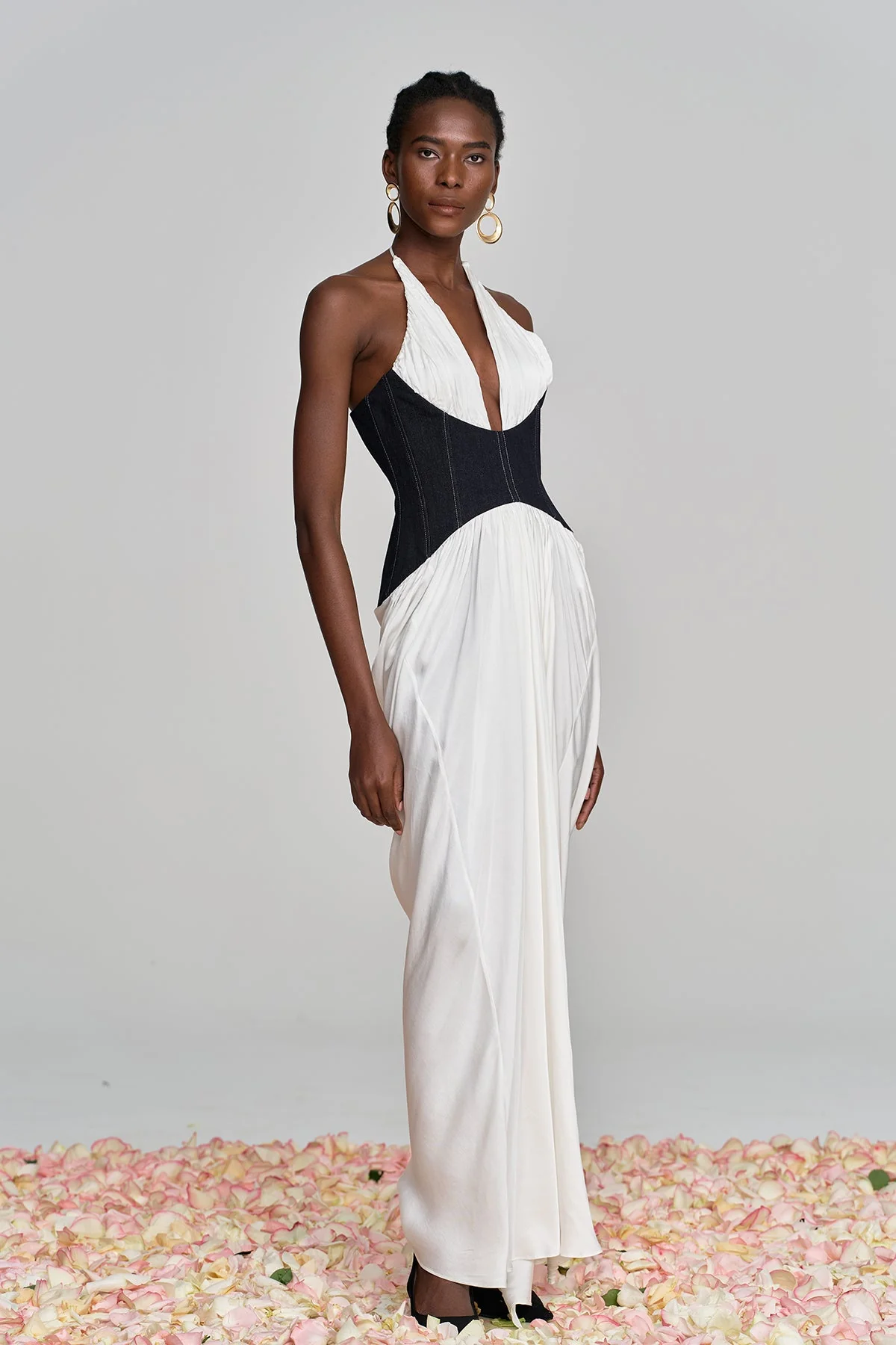 White Halter Neck Ruched Deconstruct Maxi Dress
