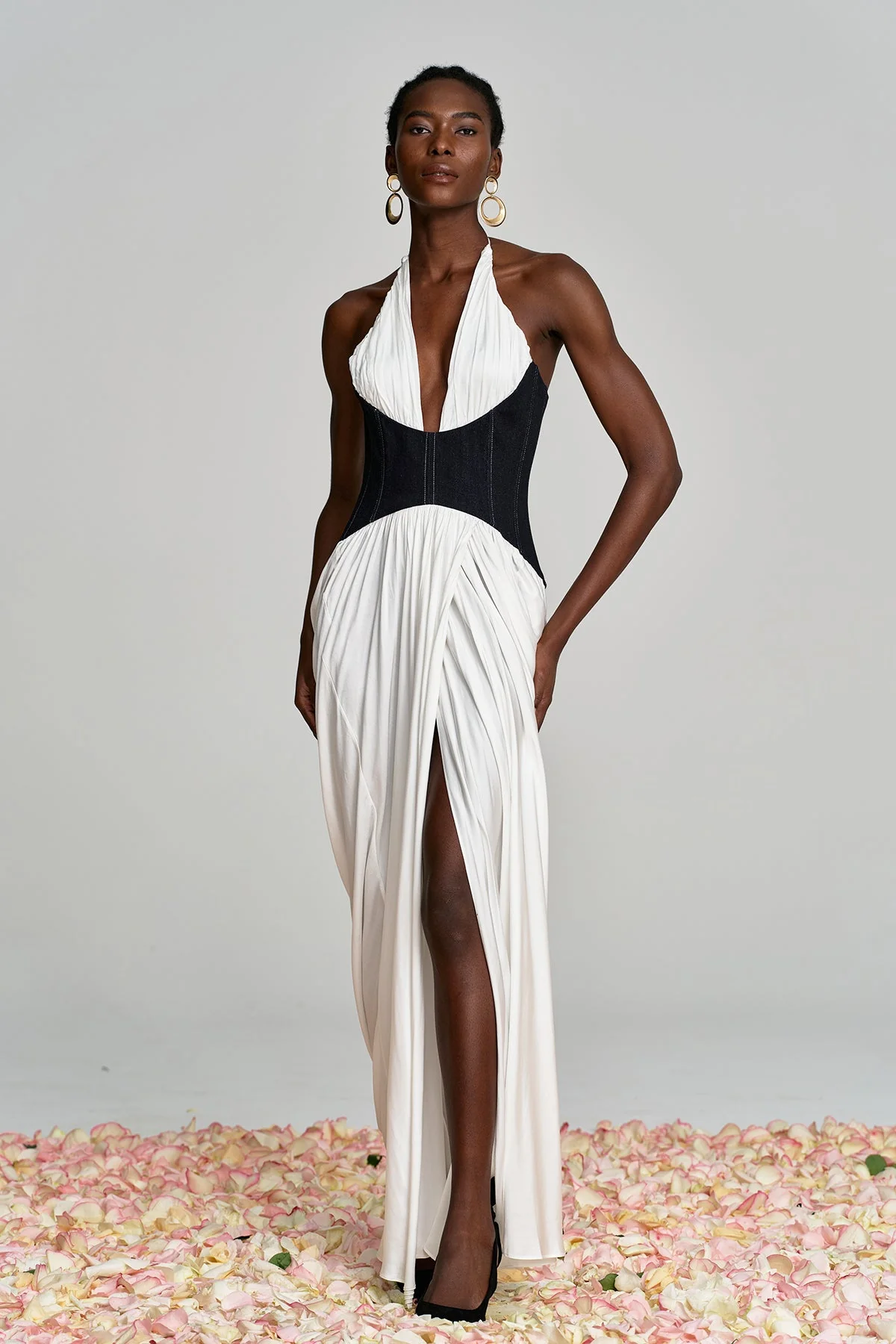 White Halter Neck Ruched Deconstruct Maxi Dress