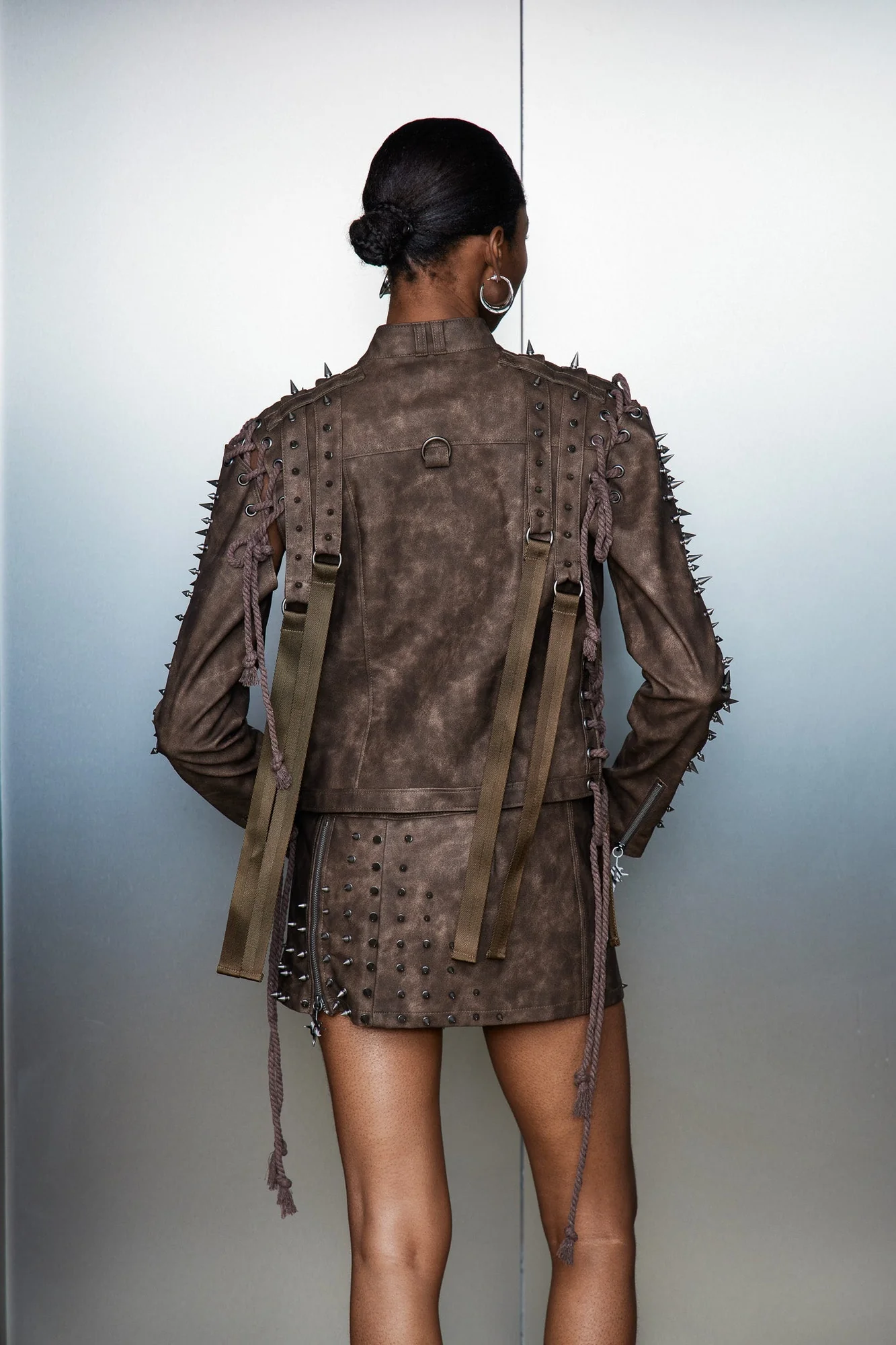 Brown Embellished Lace Up Fringe Jacket