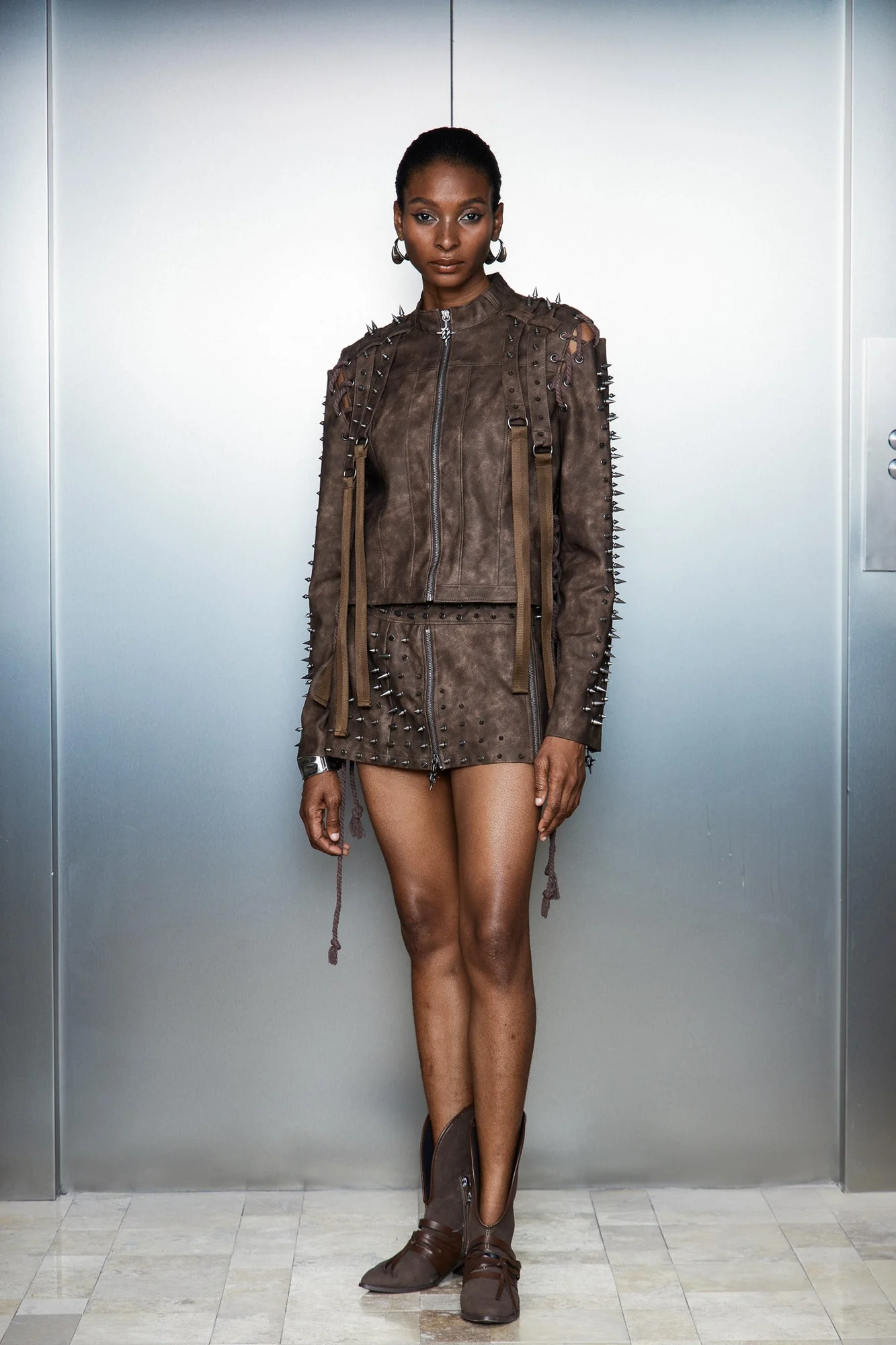 Brown Embellished Lace Up Fringe Jacket