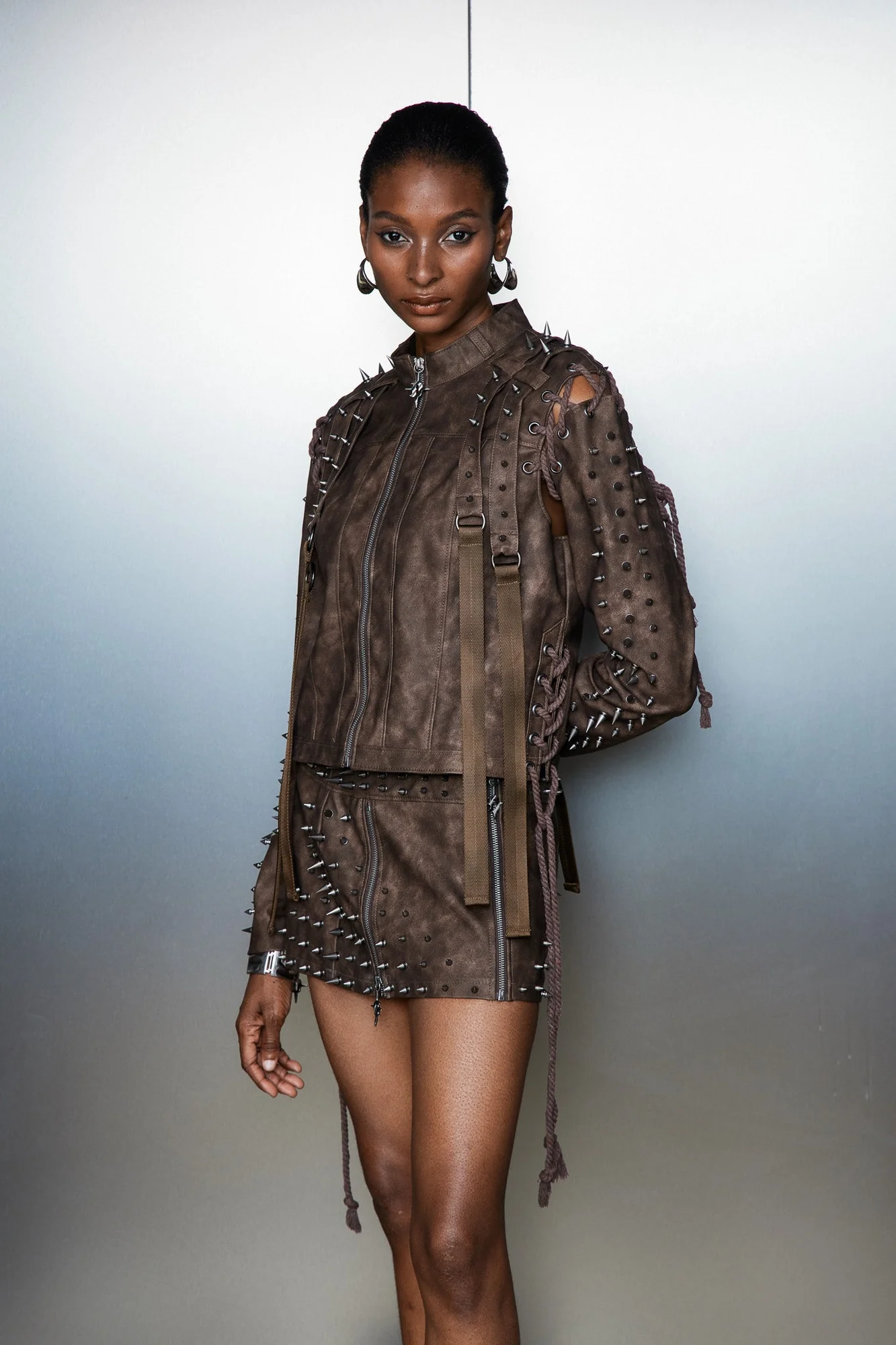 Brown Embellished Lace Up Fringe Jacket