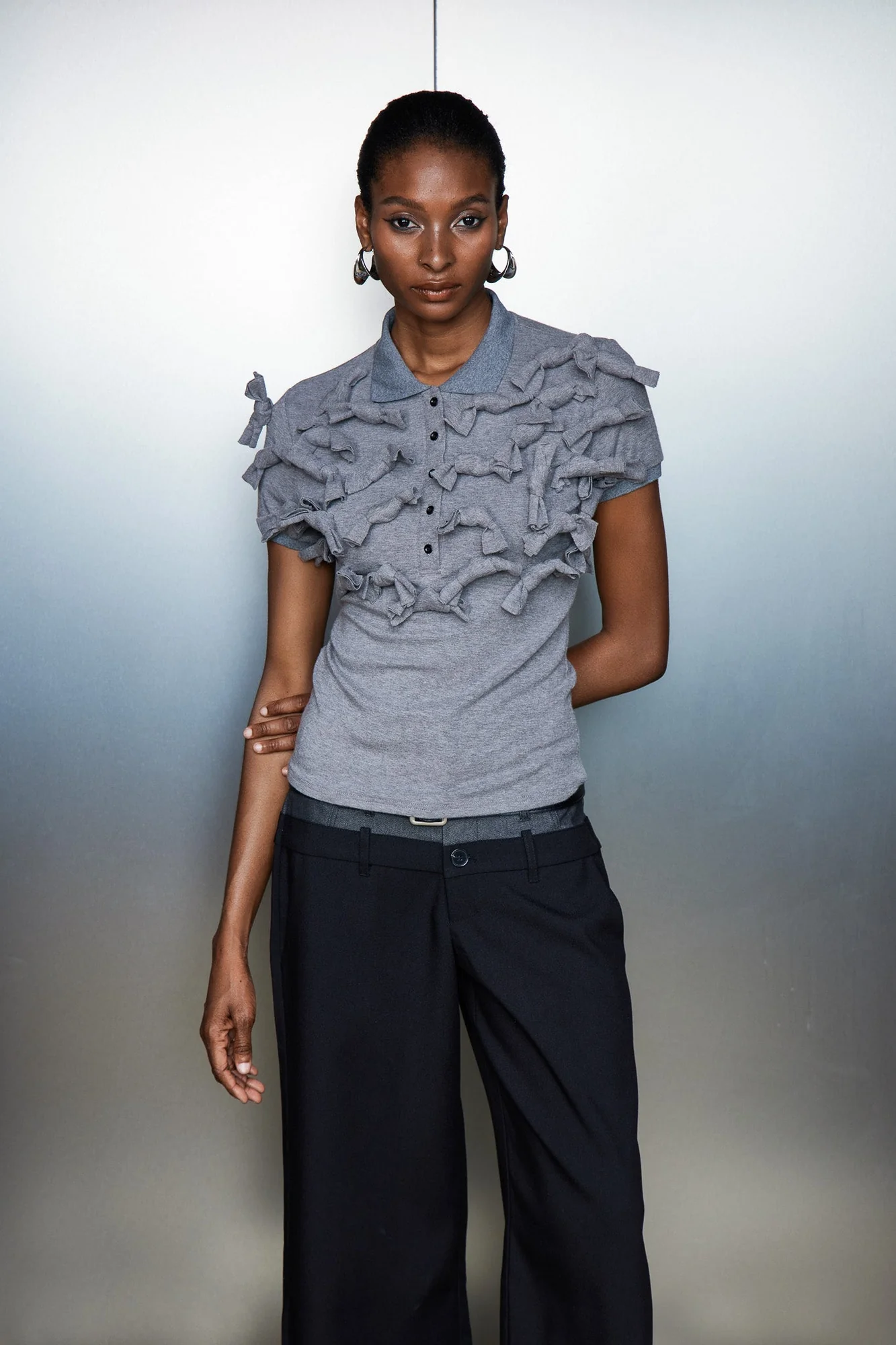 Gray Embellished Polo Top | Stylish Comfort Wear for Women