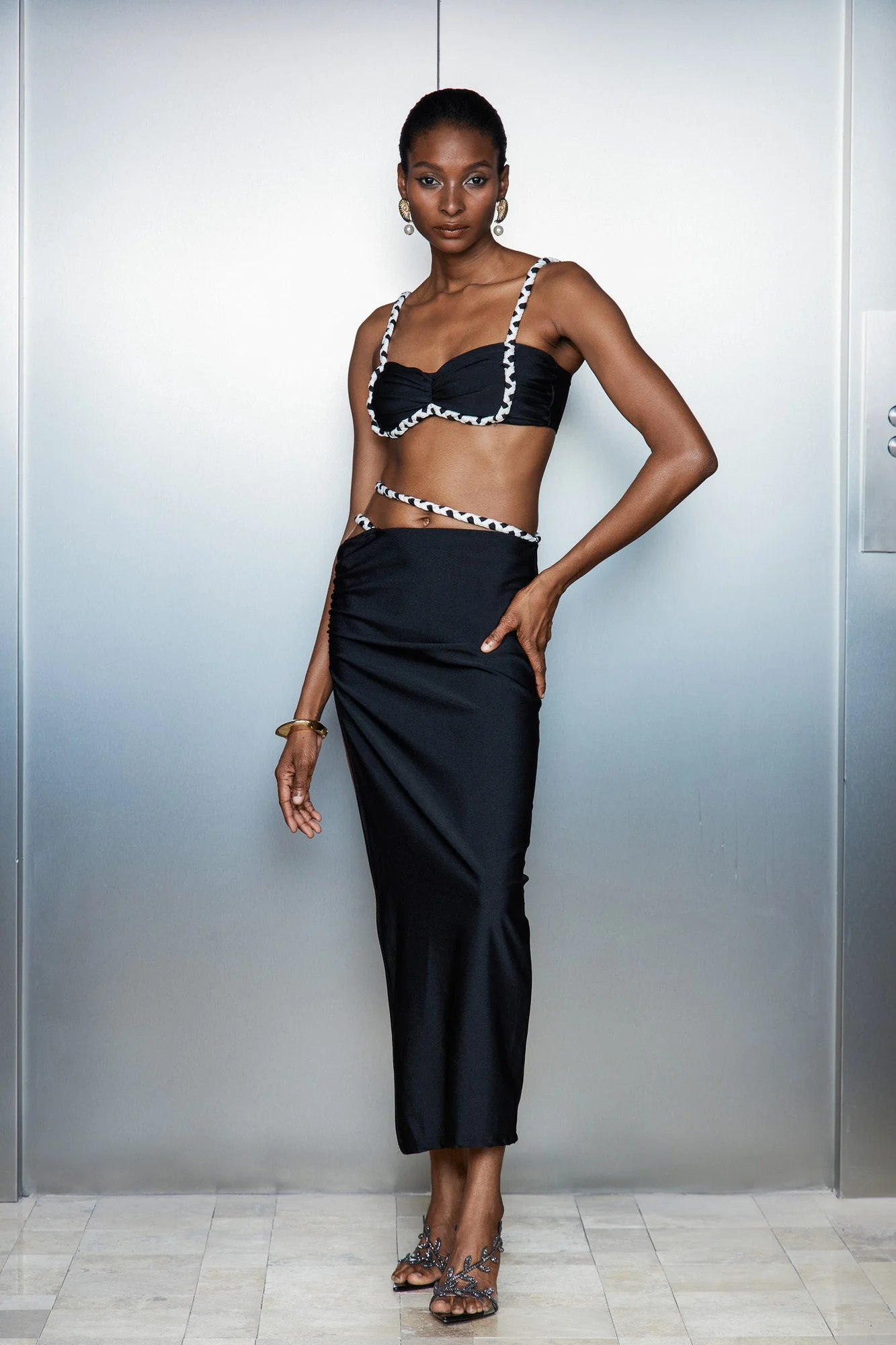 Chic Black Ruch Split Skirt Set