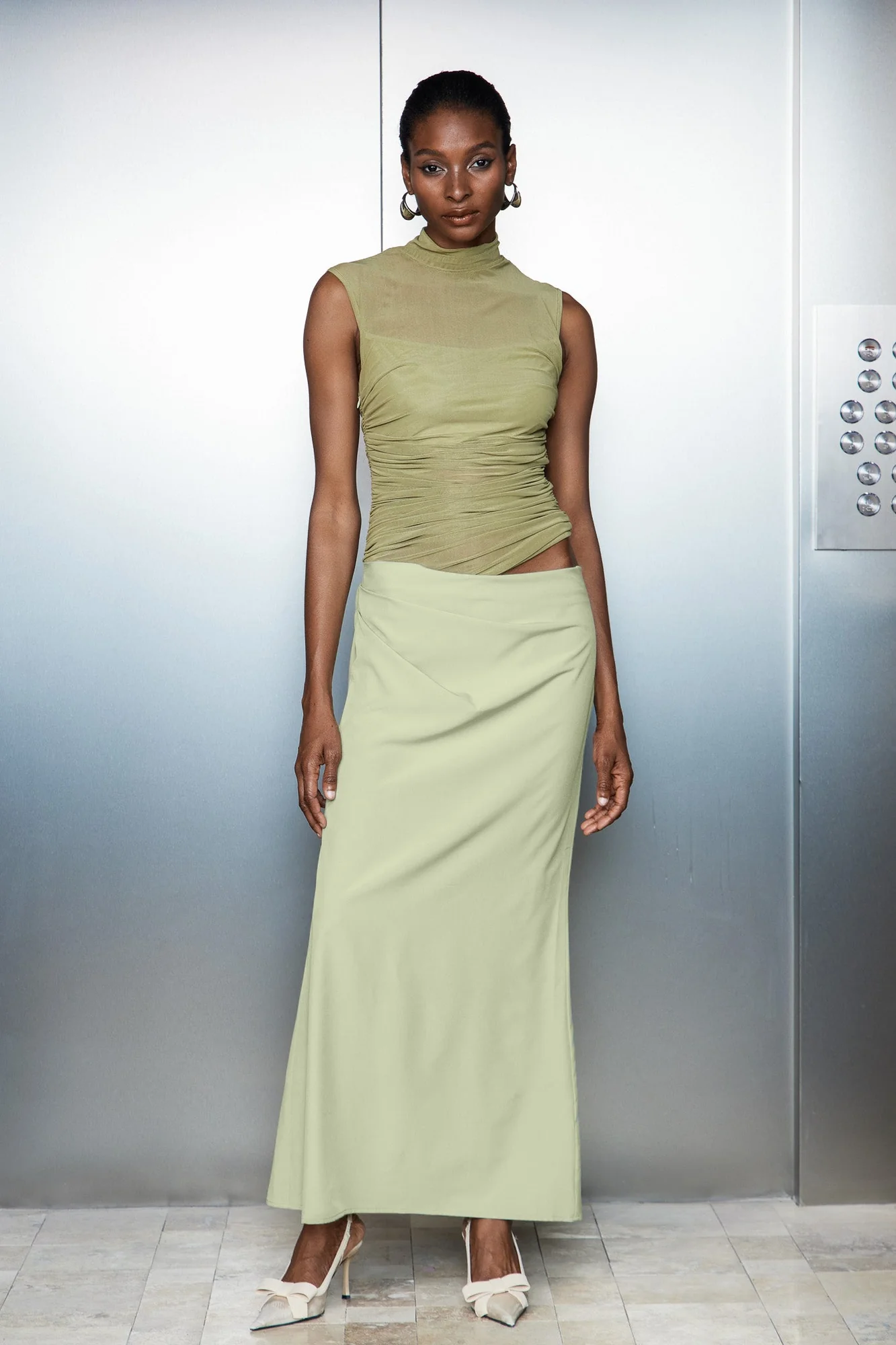 Elegant Mesh Cutout Maxi Dress in Green