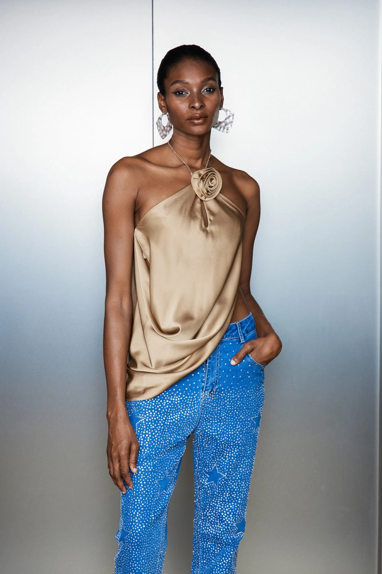 Gold Satin Ruched Top | Elegant Floral Detailing