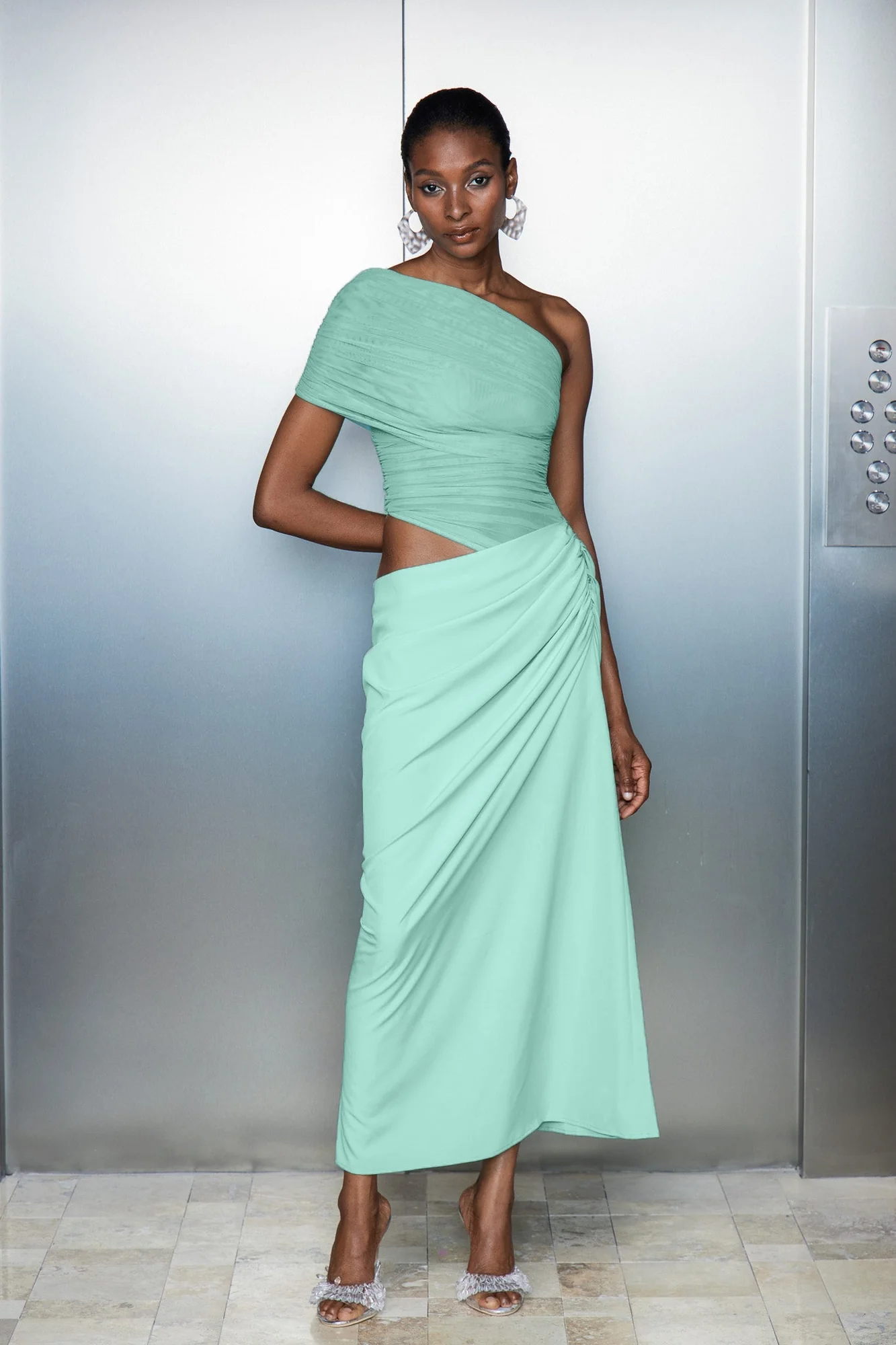 Green Mesh One Shoulder Maxi Dress
