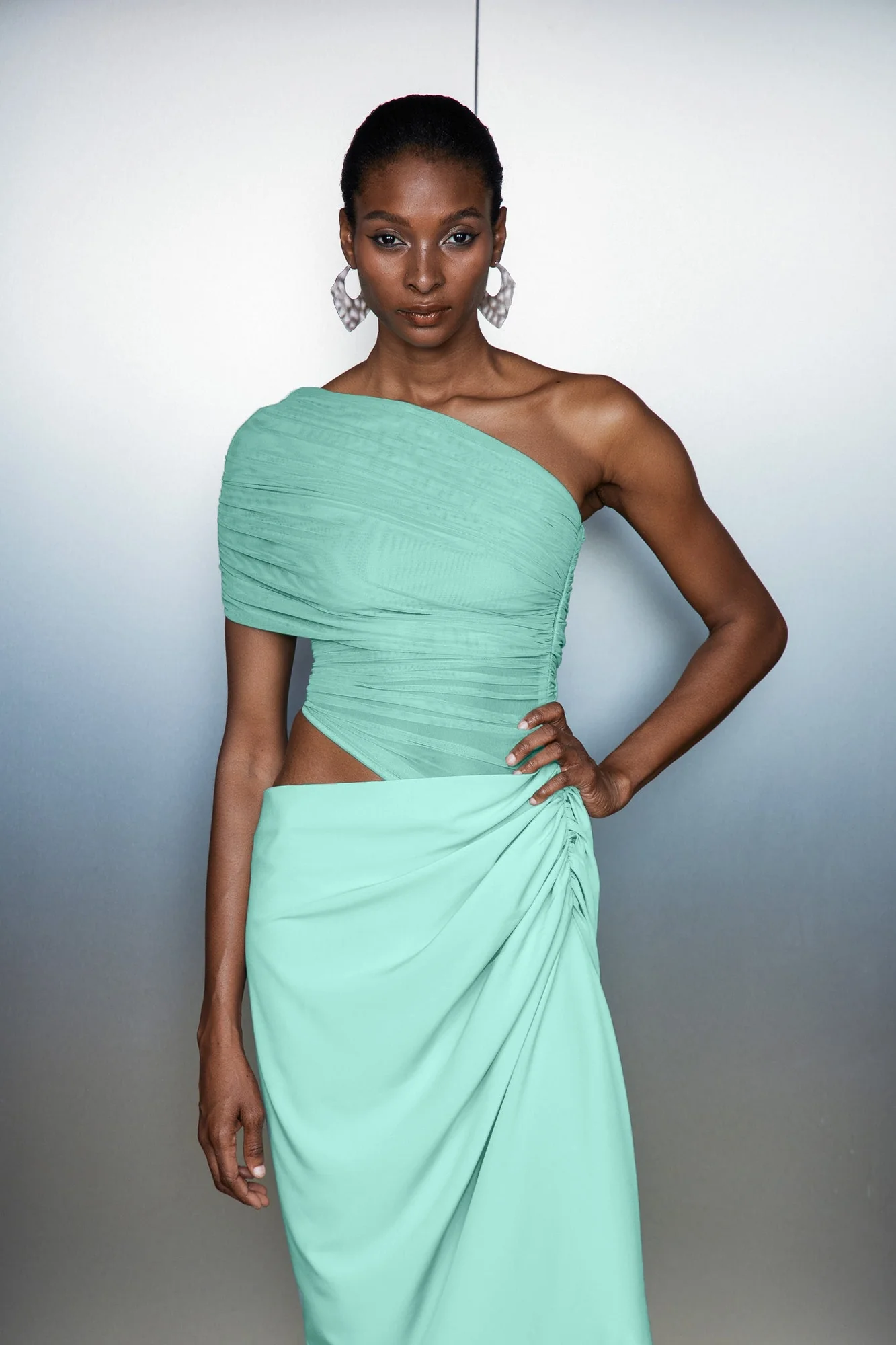 Green Mesh One Shoulder Maxi Dress