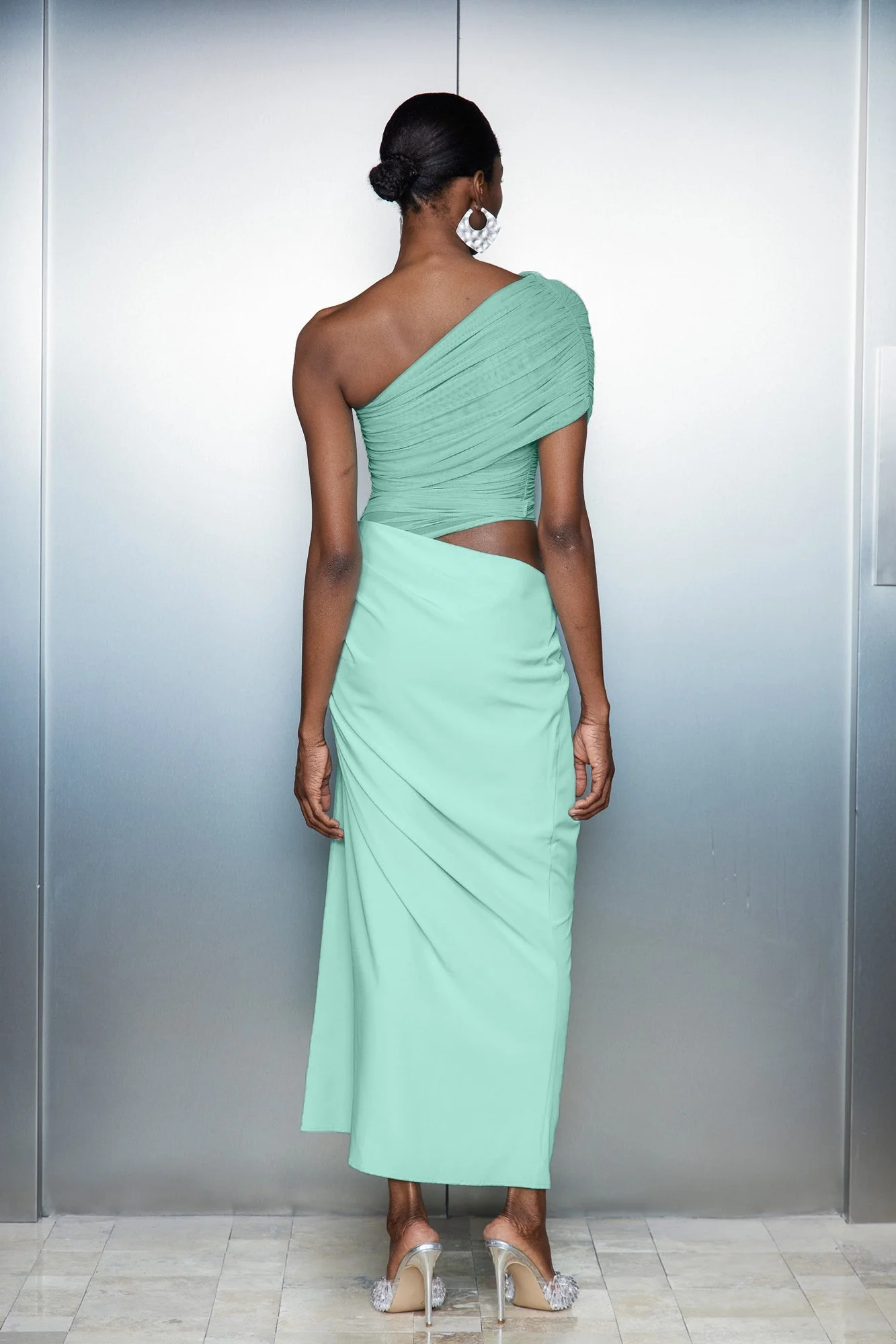 Green Mesh One Shoulder Maxi Dress
