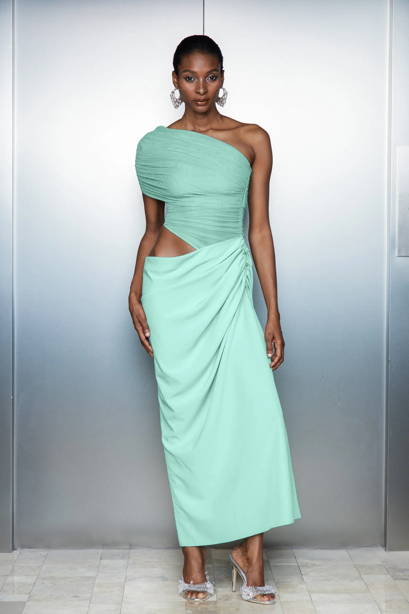 Green Mesh One Shoulder Maxi Dress
