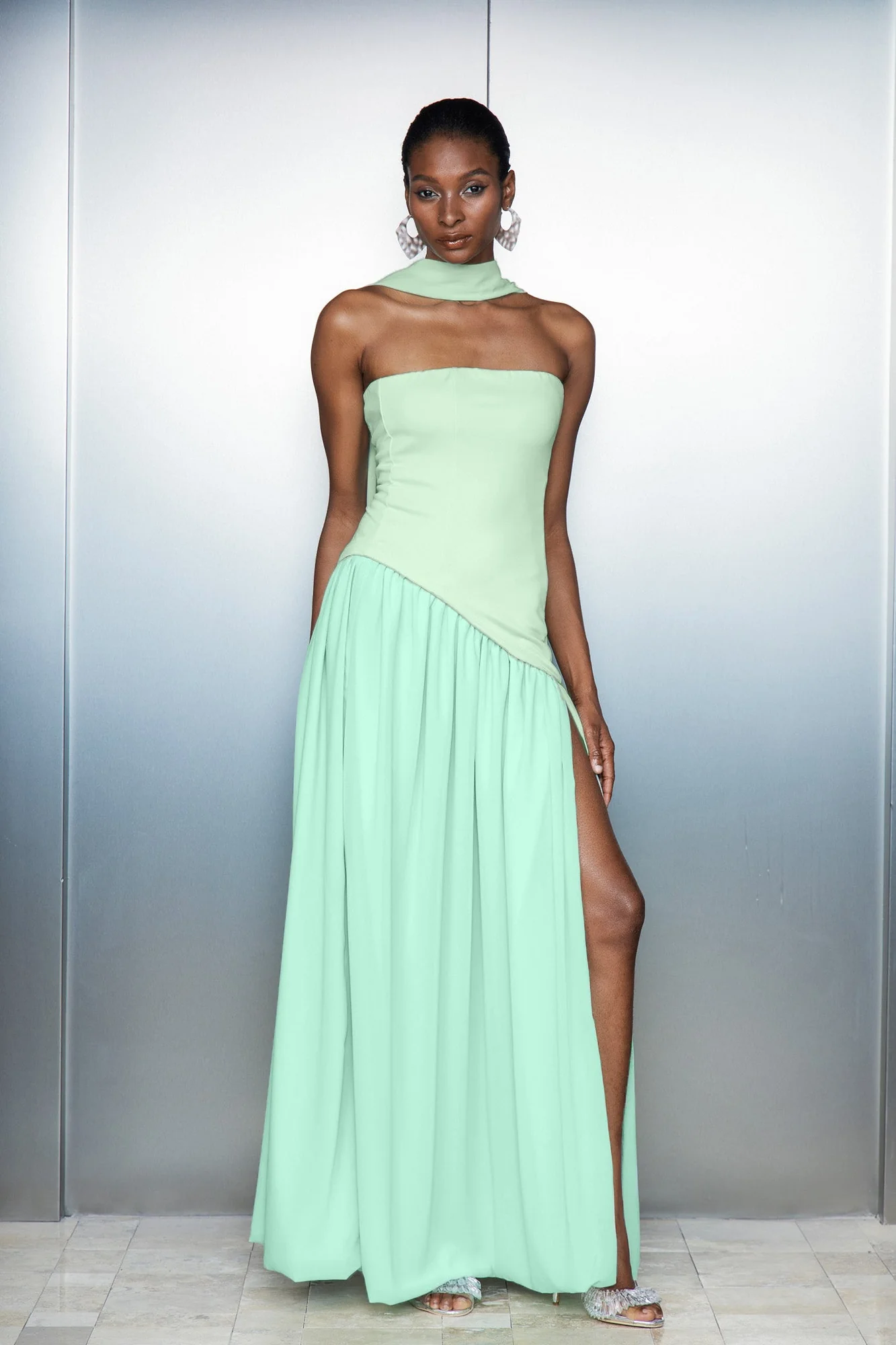 Green Ruffle Asymmetric Split Maxi Dress - Elegant Style