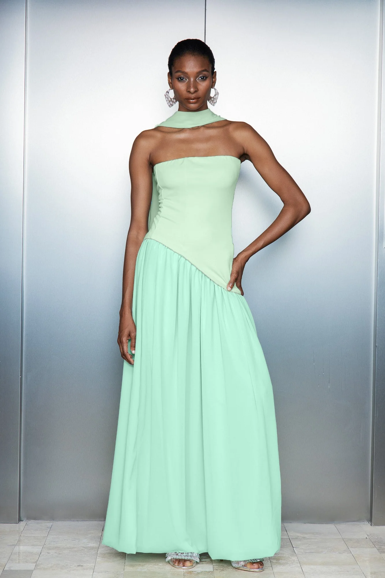 Green Ruffle Asymmetric Split Maxi Dress - Elegant Style