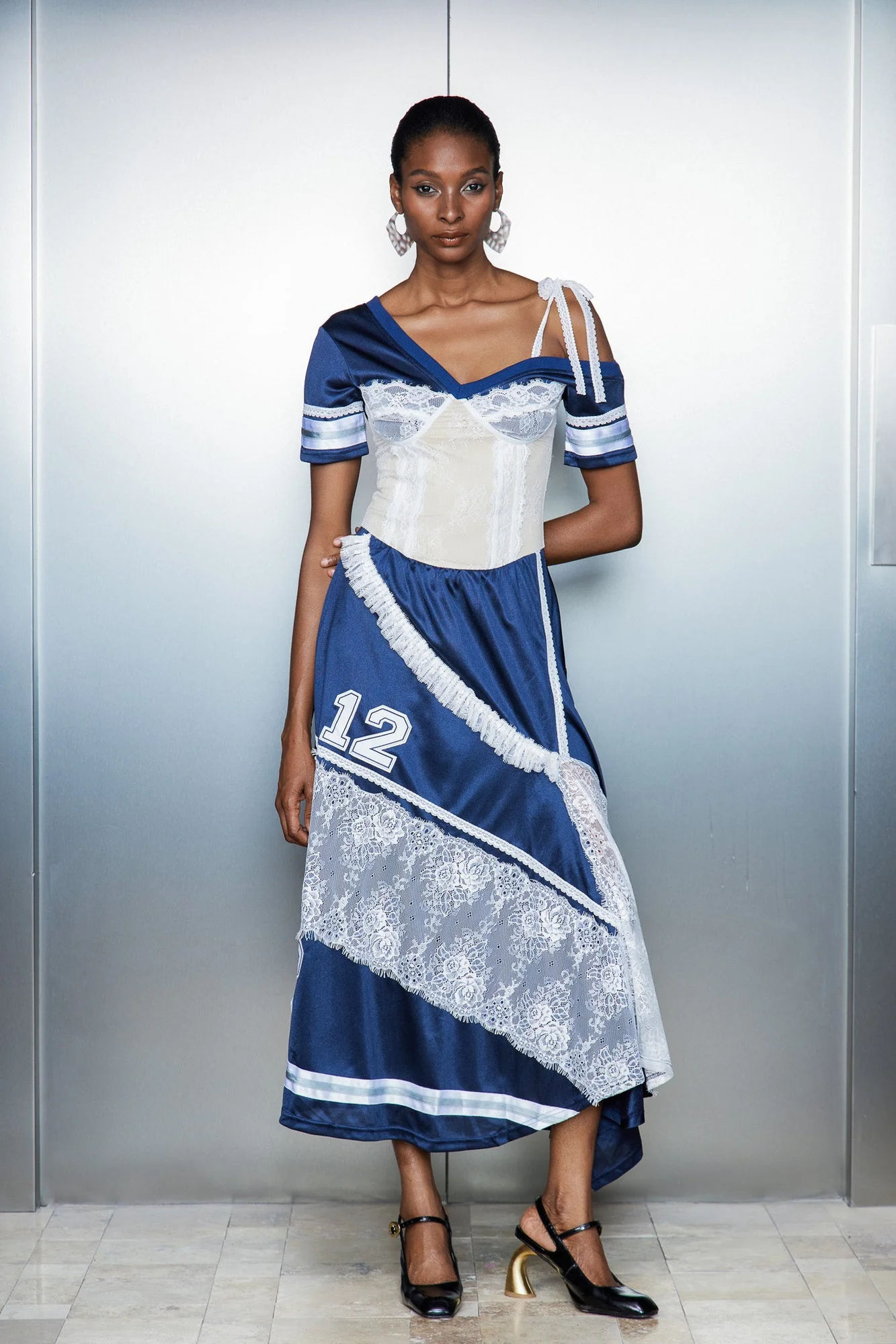 Blue Lace Asymmetric Maxi Dress