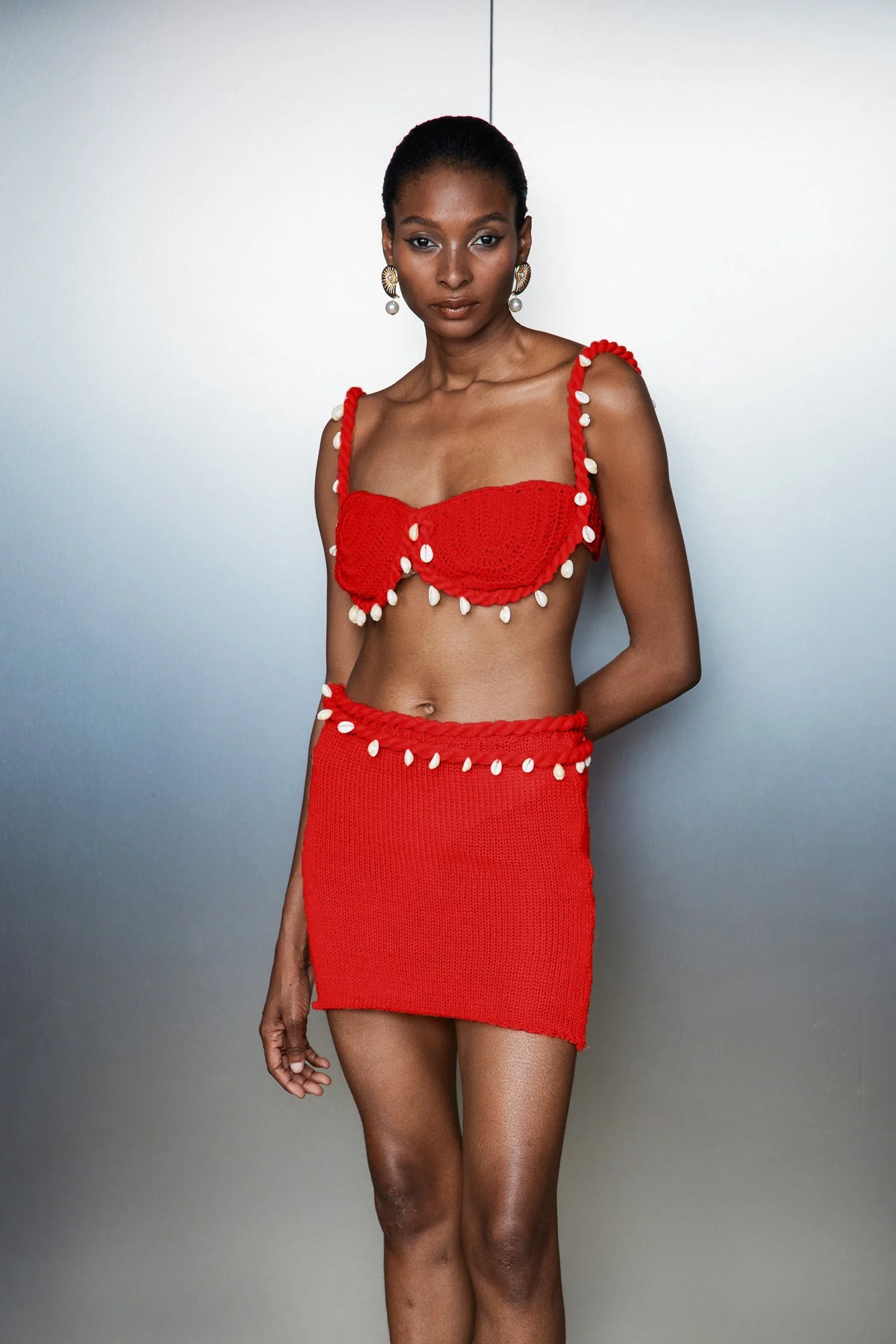 Red Knit Twist Skirt Set for Stylish Events