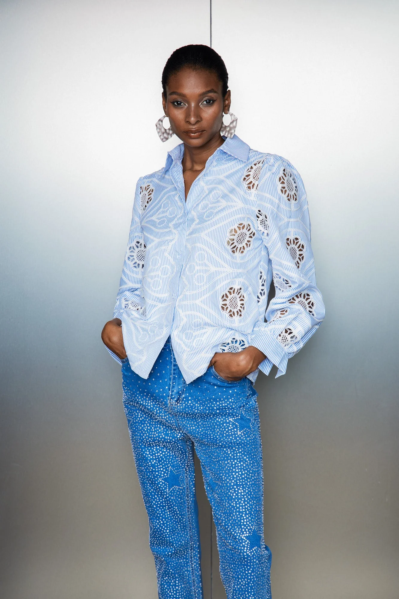 Blue Stripe Embroidered Cutout Shirt