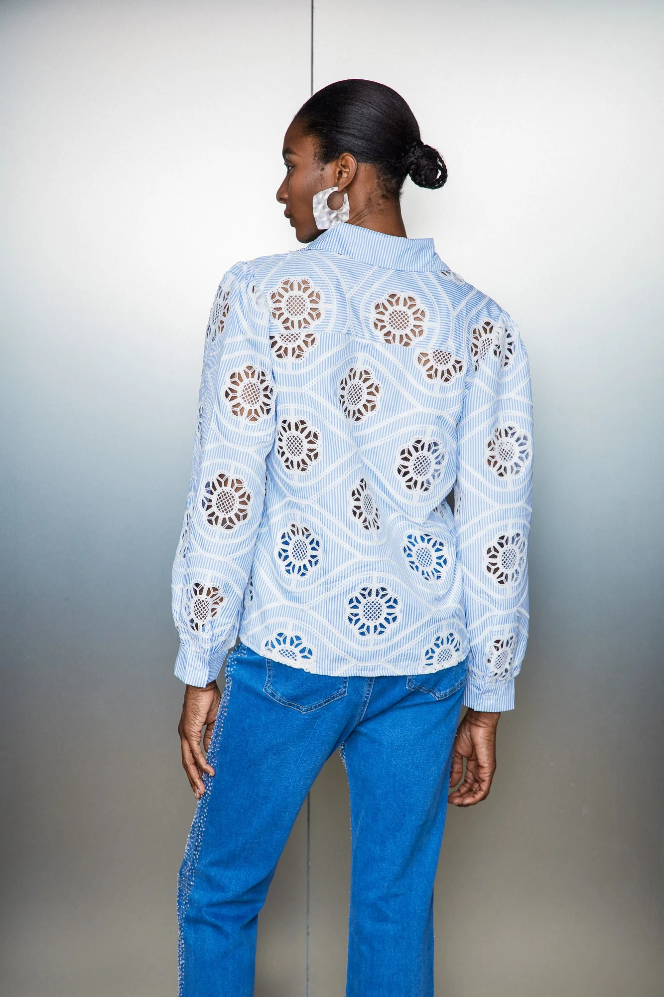 Blue Stripe Embroidered Cutout Shirt