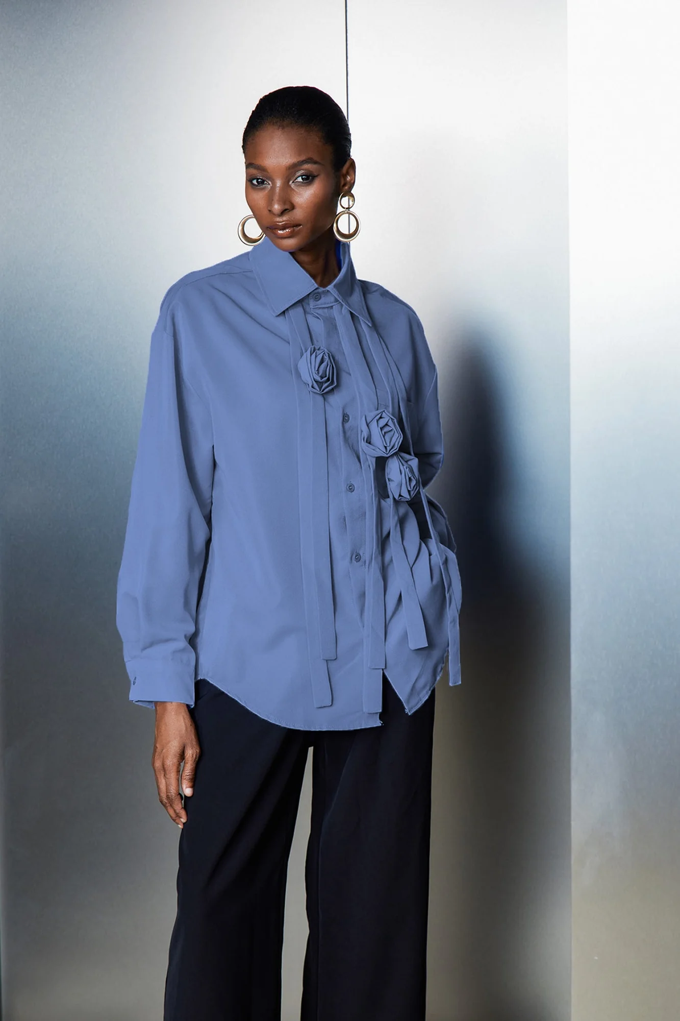 Fringe Floral Shirt in Blue | Elegant Tailored Top
