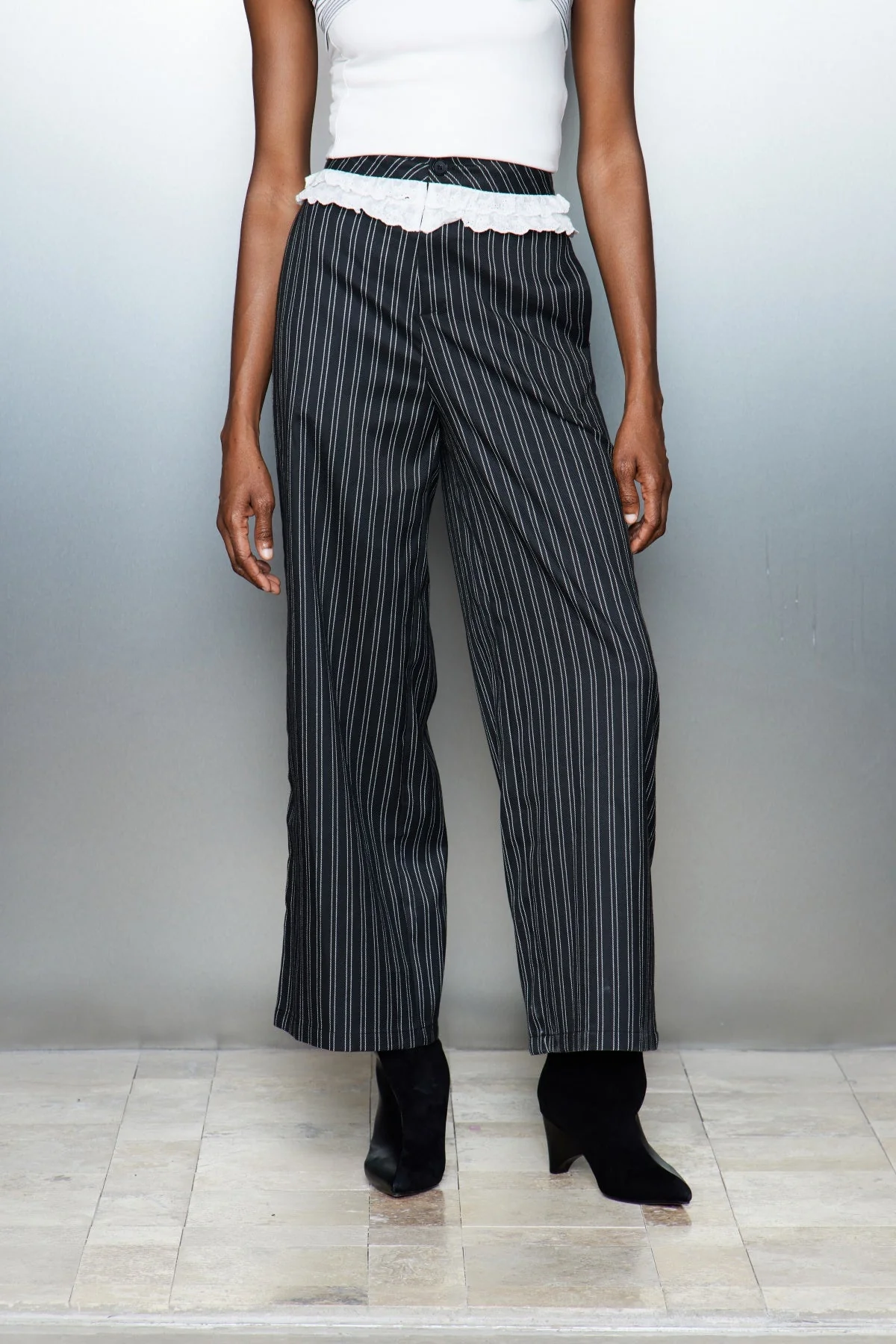 Black Lace Straight Pants with Subtle Vertical Stripes