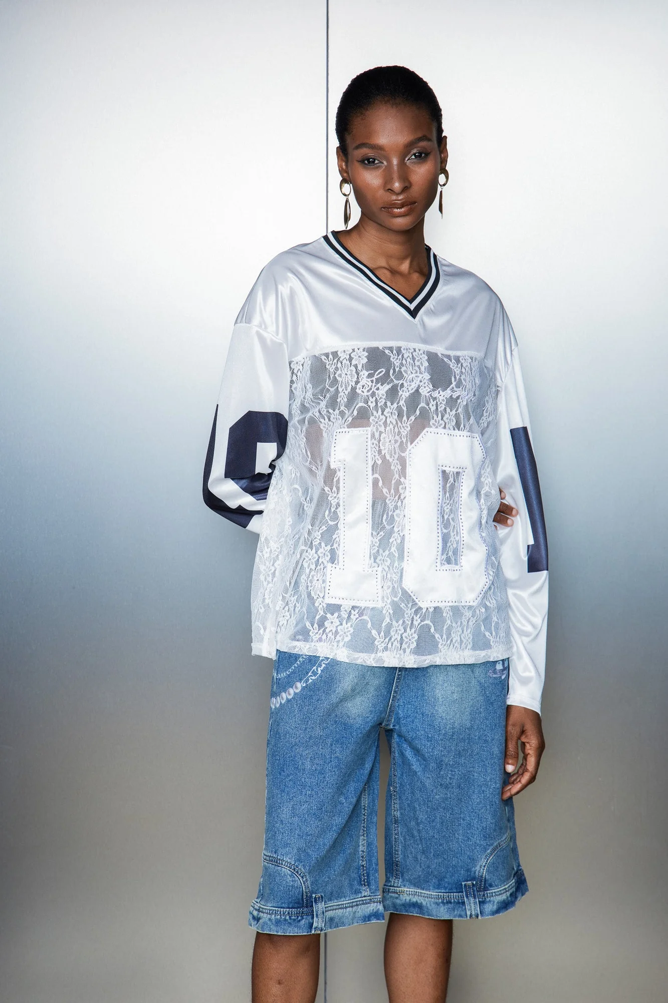 Elegant Lace Satin Womens Top in White - Cassius Collection