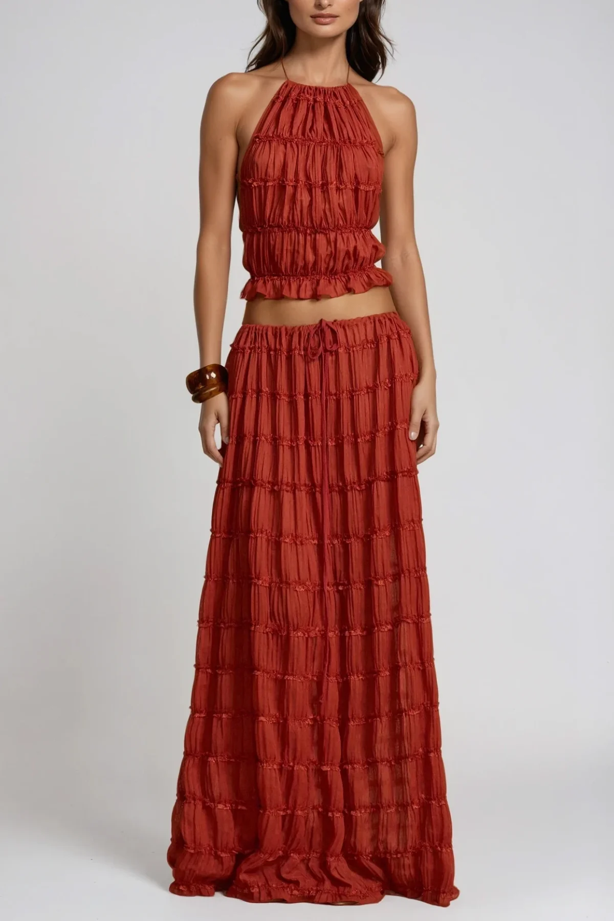 Red Ruched Backless Skirt Set - Elegant Chic Design