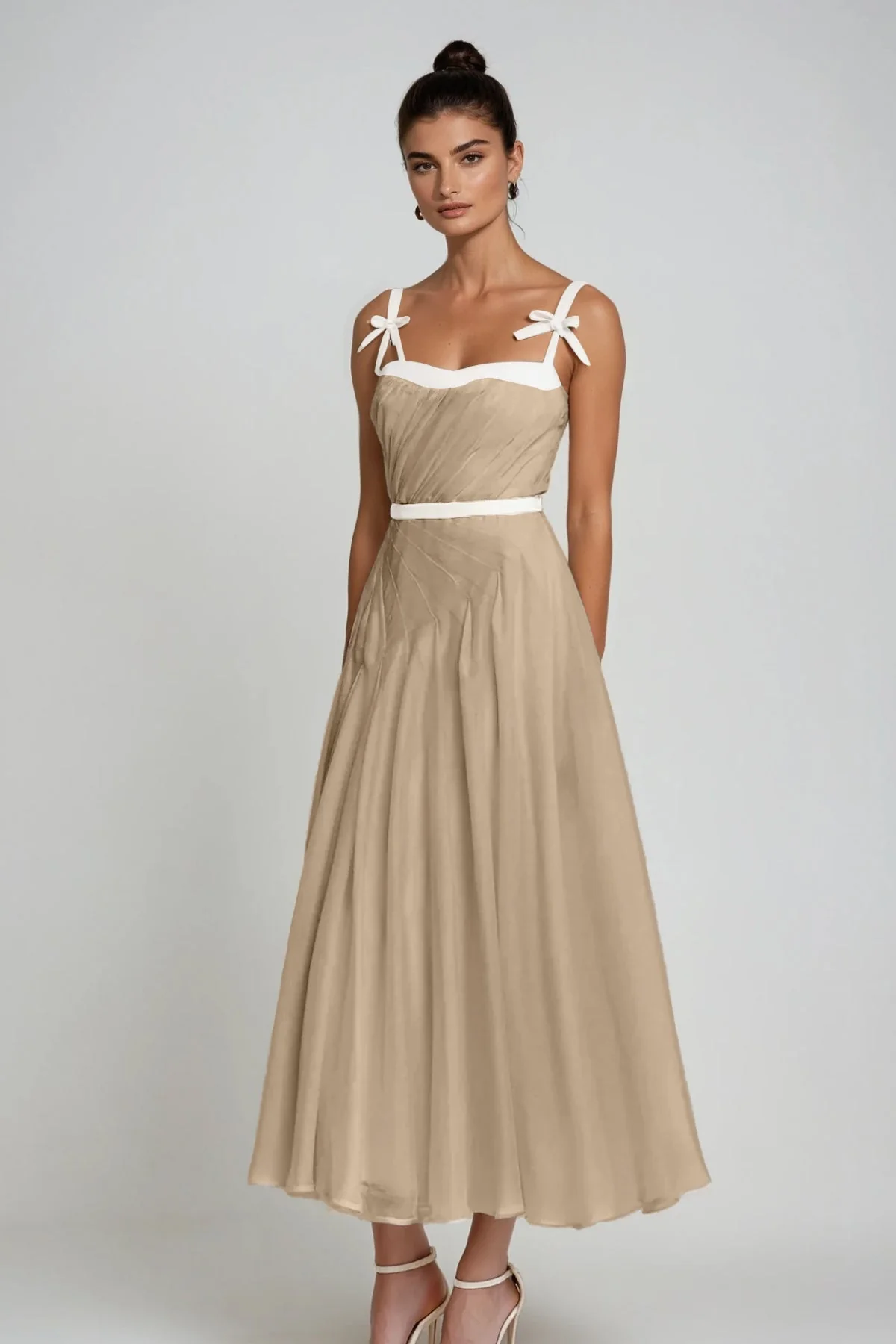 Khaki Ruched Bow Maxi Dress