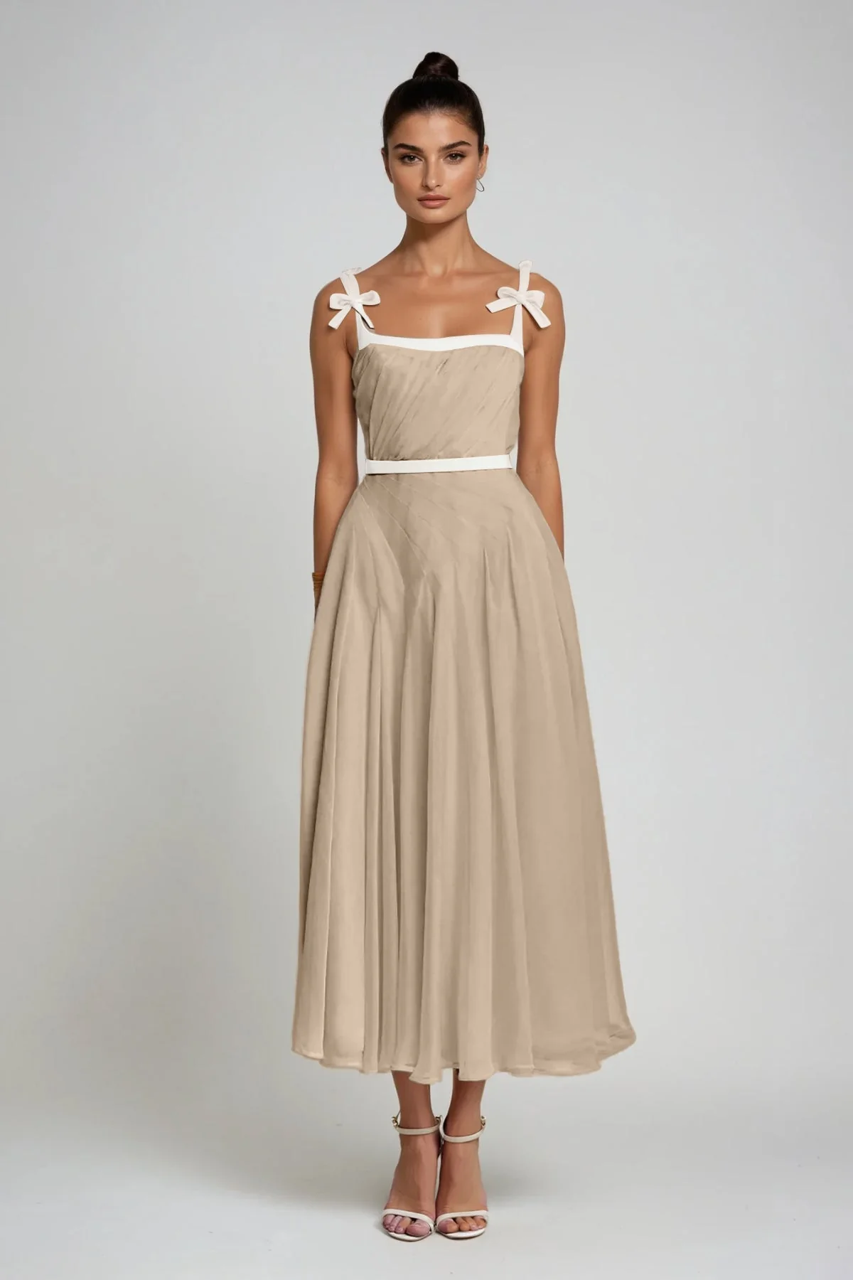 Khaki Ruched Bow Maxi Dress