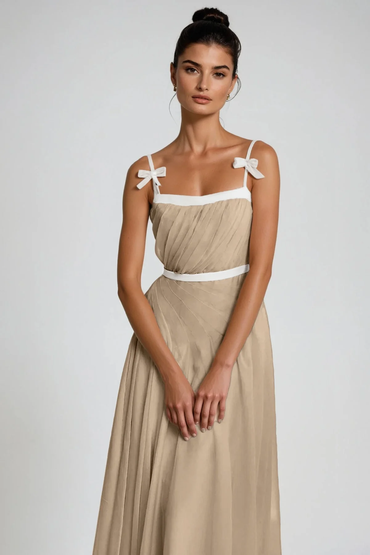 Khaki Ruched Bow Maxi Dress