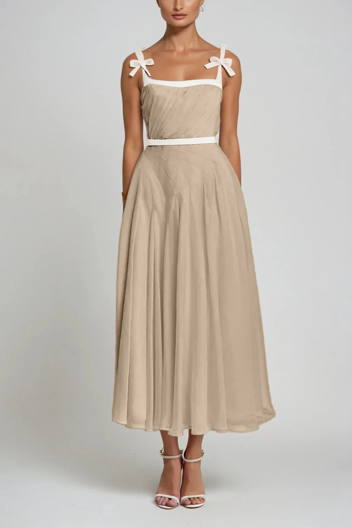 Khaki Ruched Bow Maxi Dress