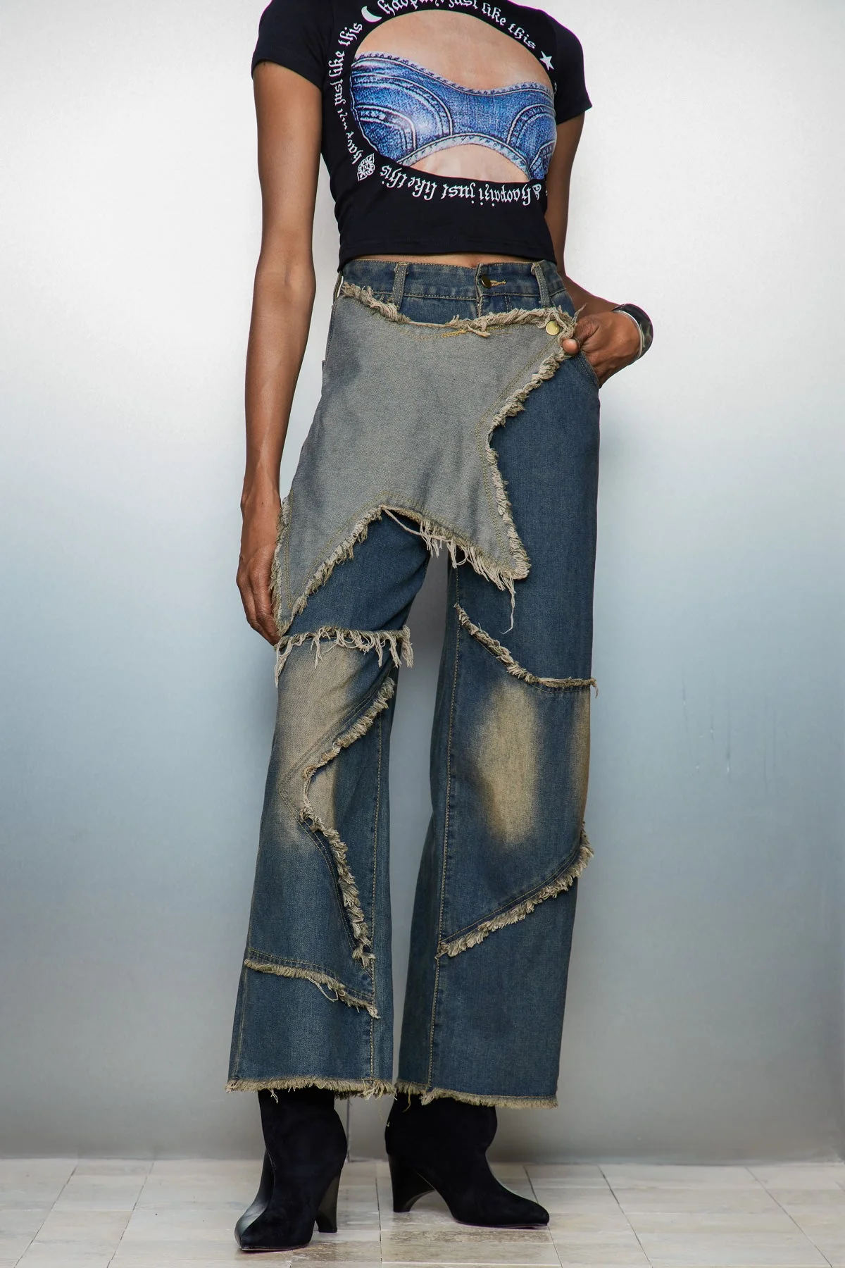 Fringe Detail Straight Jeans in Blue Urban Edge Style