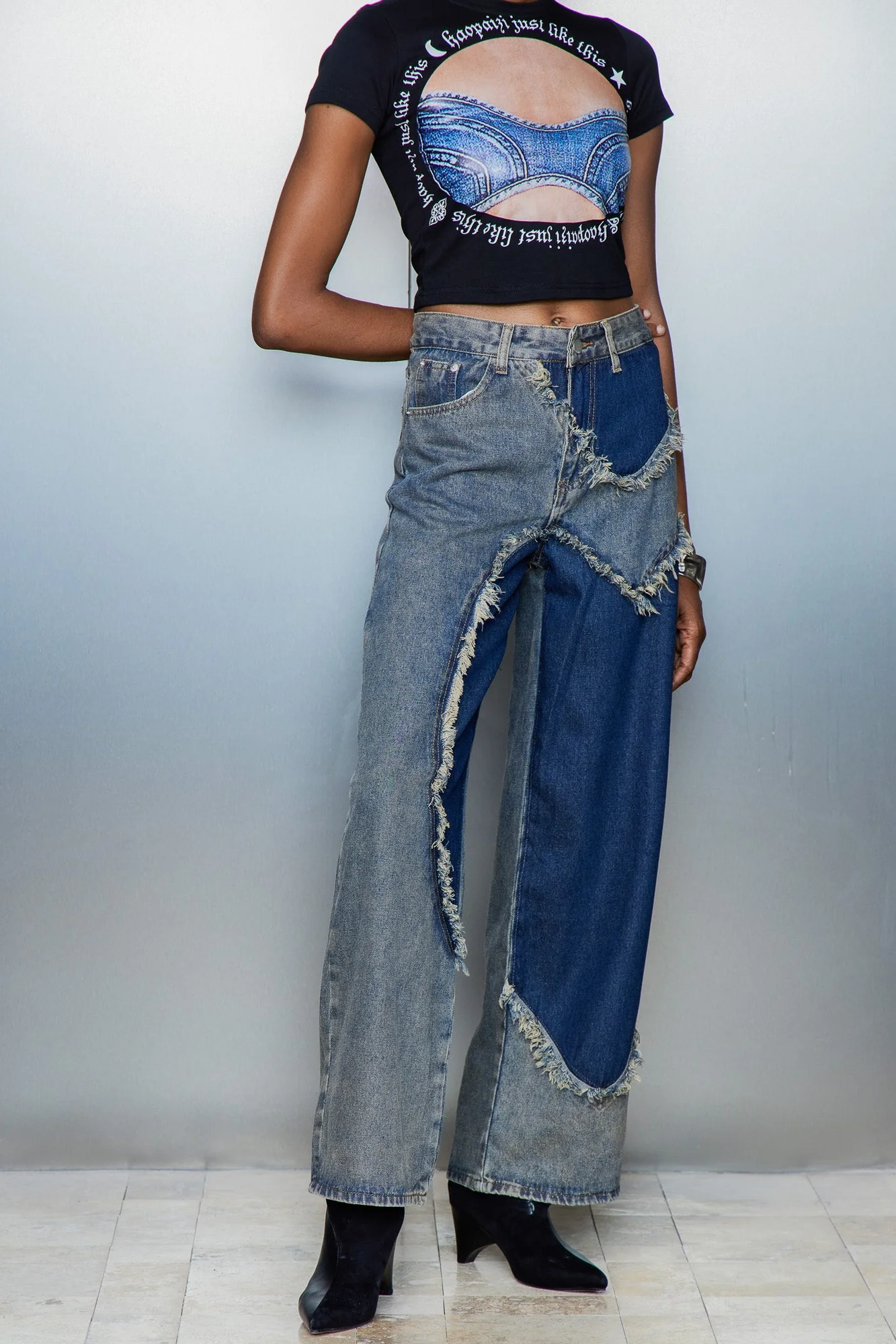 Blue Asymmetric Deconstruct Denim Jeans