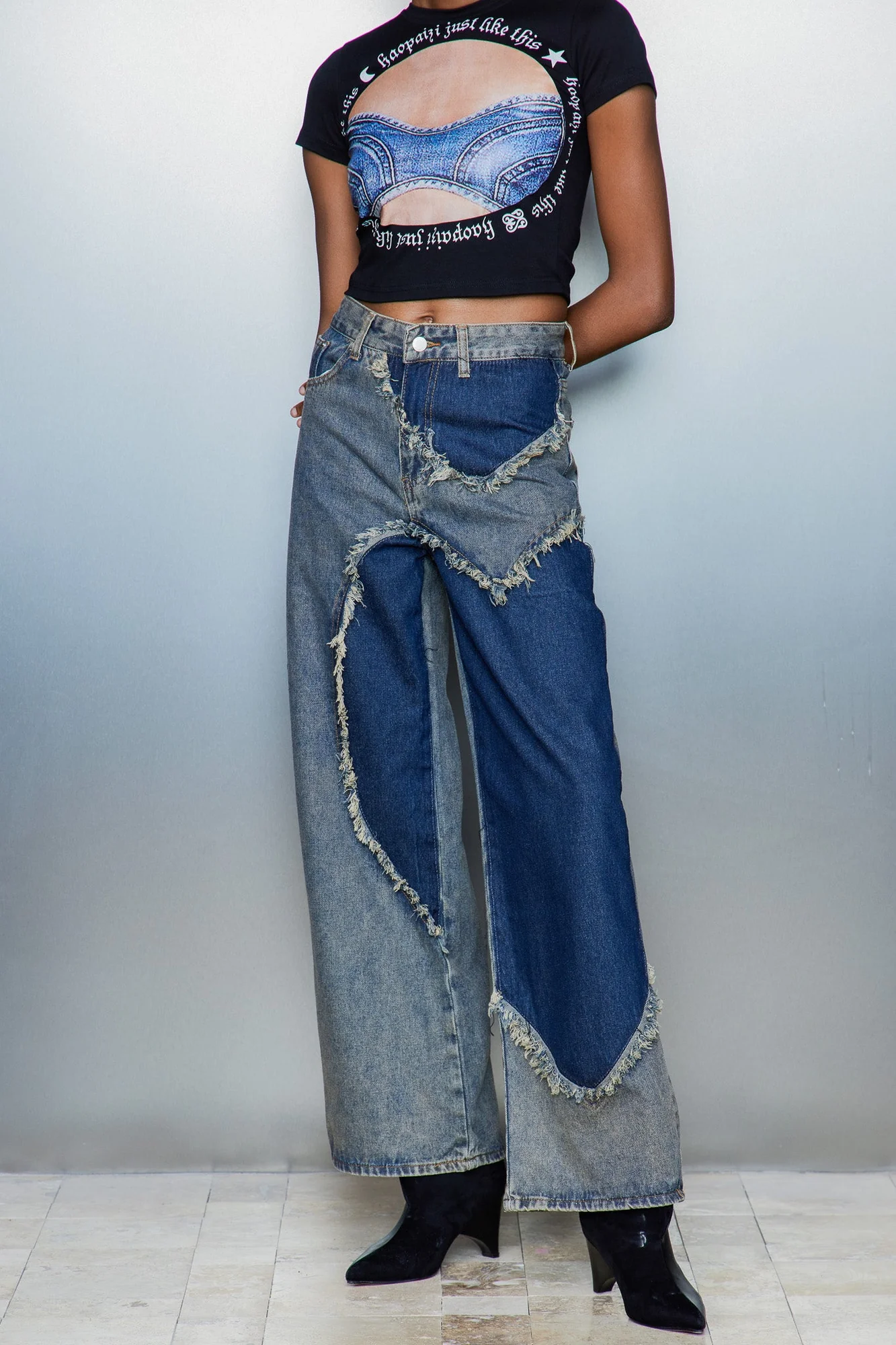 Blue Asymmetric Deconstruct Denim Jeans