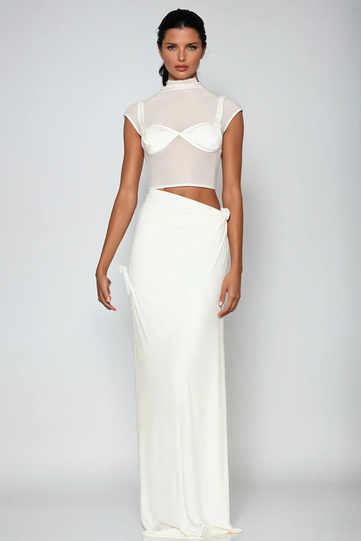 White Mesh Ruched Skirt Set