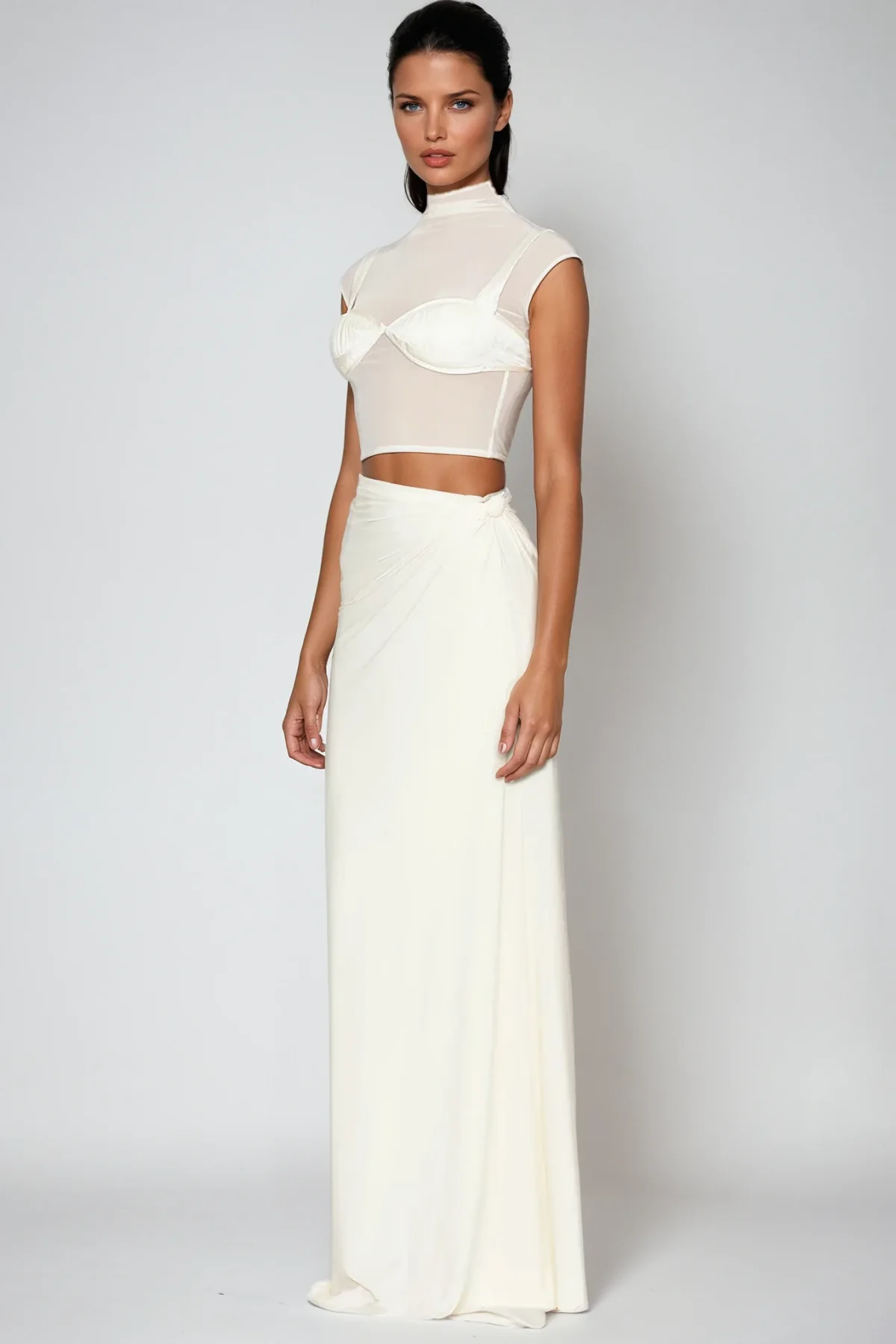 White Mesh Ruched Skirt Set