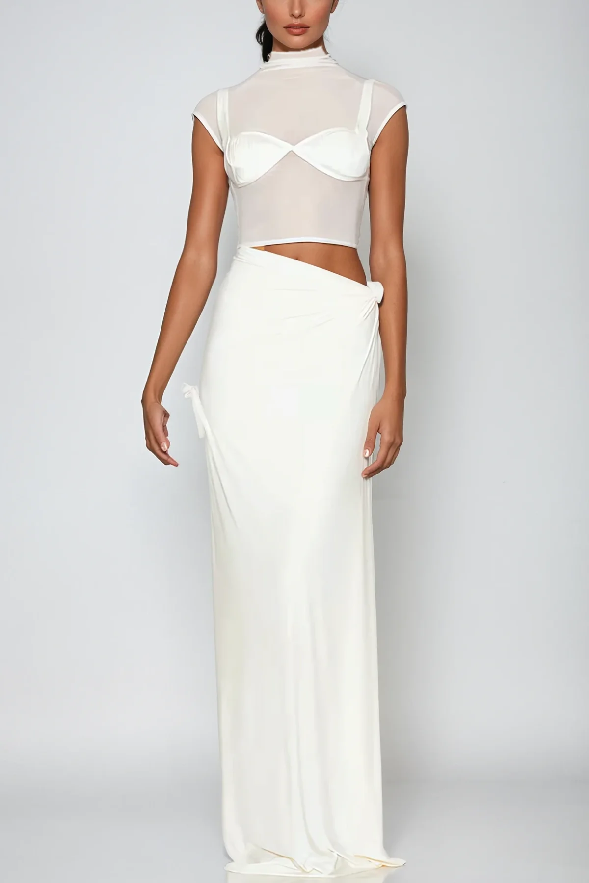 White Mesh Ruched Skirt Set