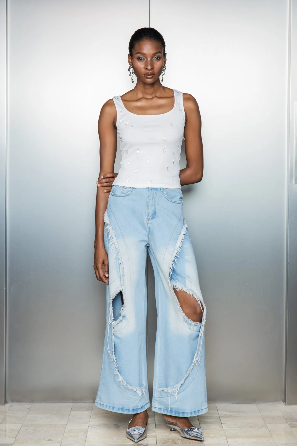 Blue Fringe Cutout Deconstruct Jeans - Urban Edge Style