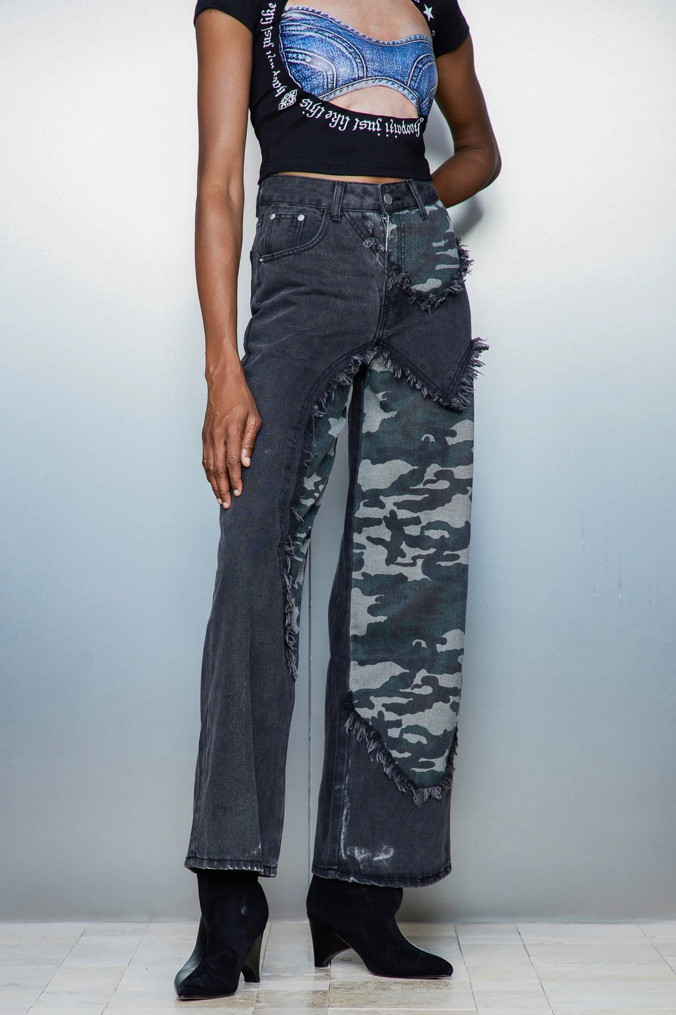 Urban Edge Camouflage Print Asymmetric Jeans in Grey