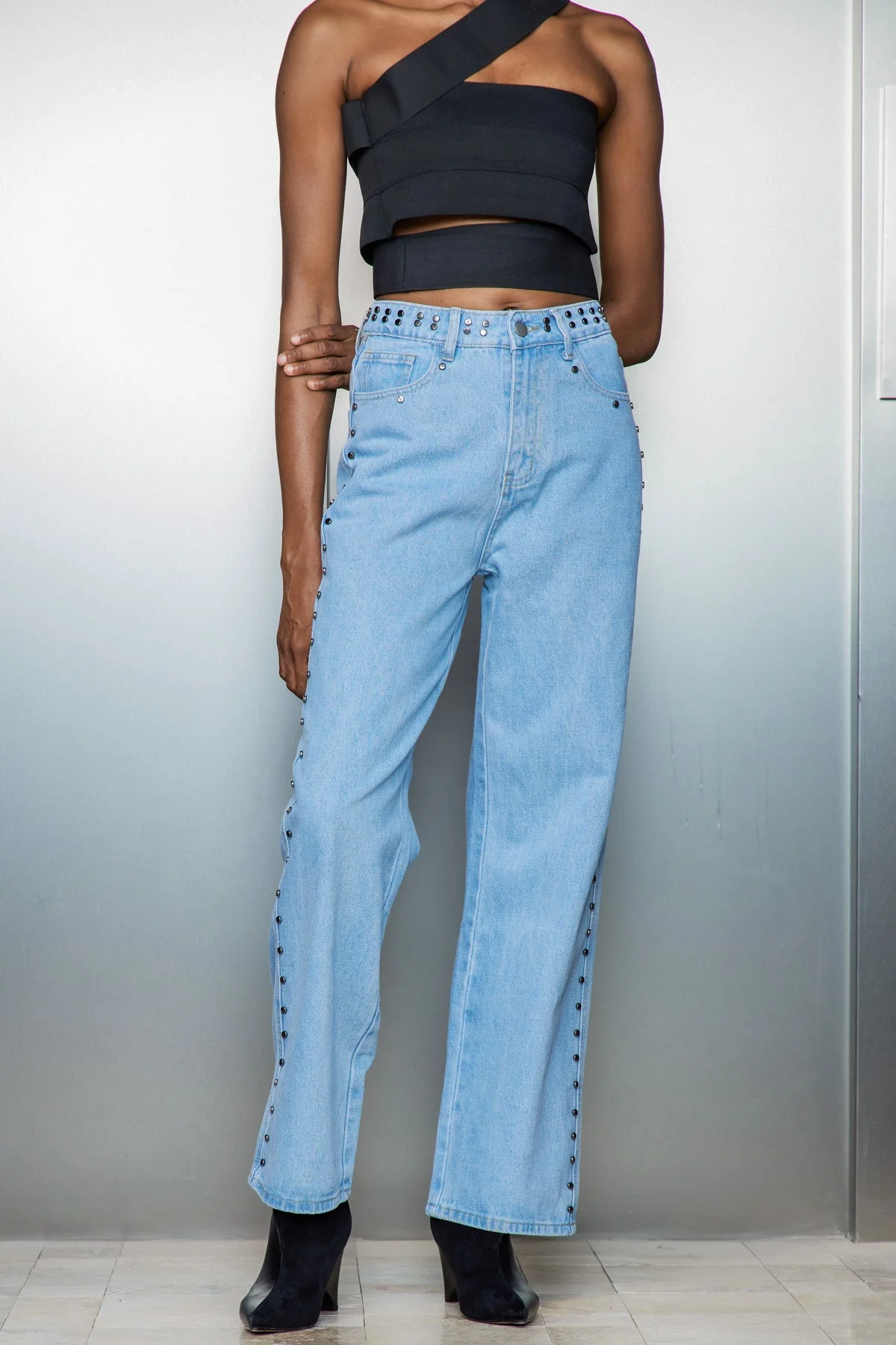 Blue Star Embellished Wide Leg Denim Jeans