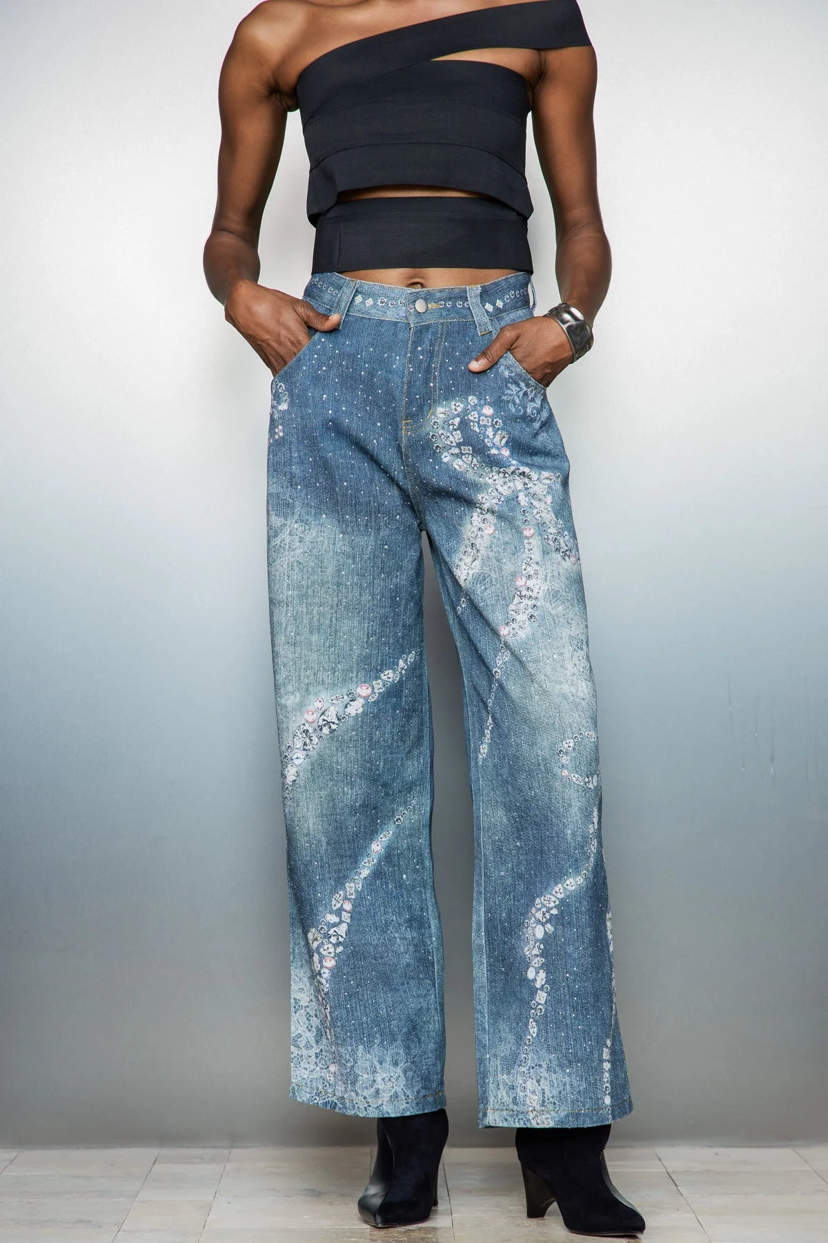 Bow Print Denim Jeans in Blue | Romantic Coquette Design