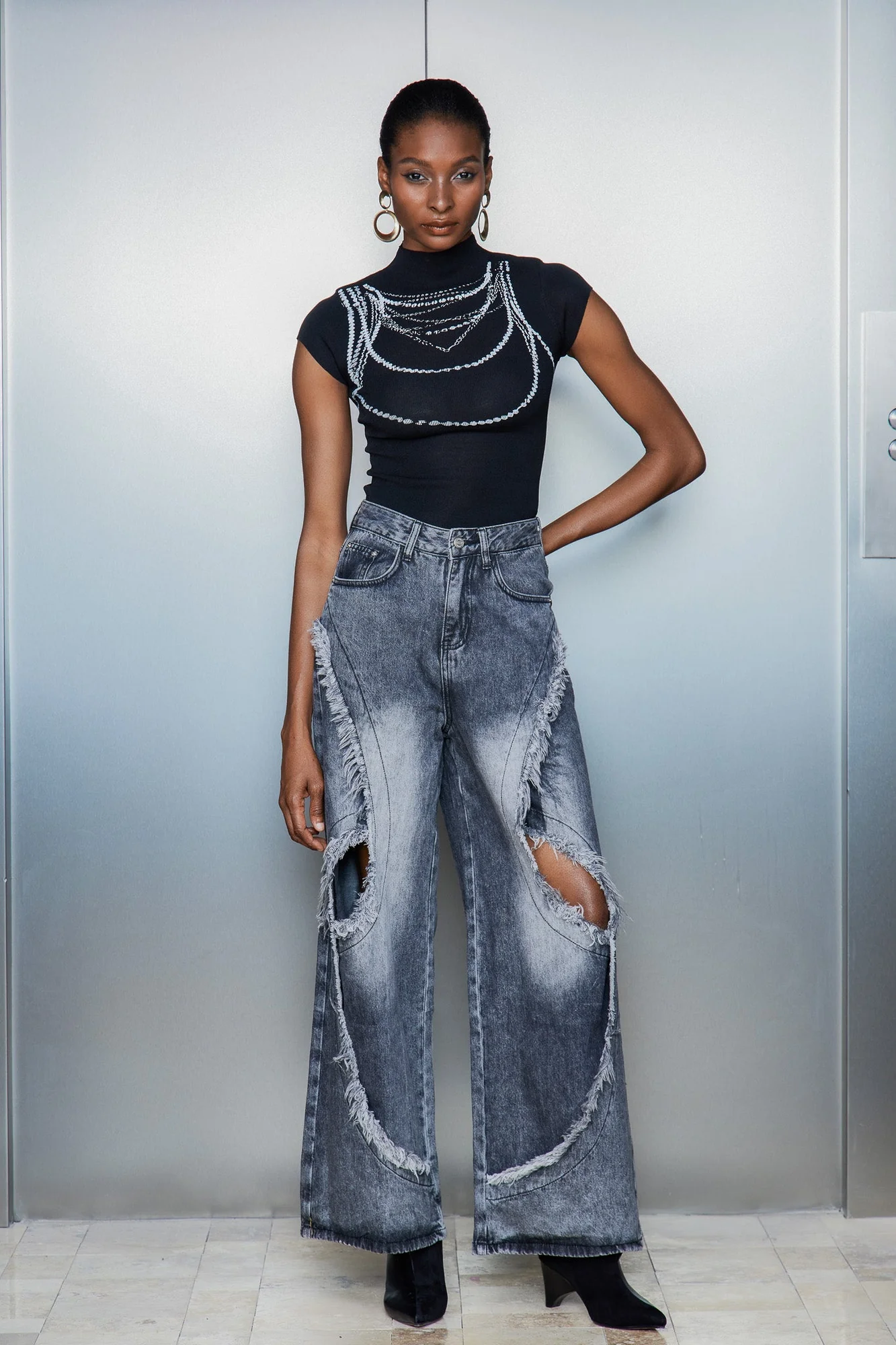 Black Deconstructed Fringe Jeans with Cutouts