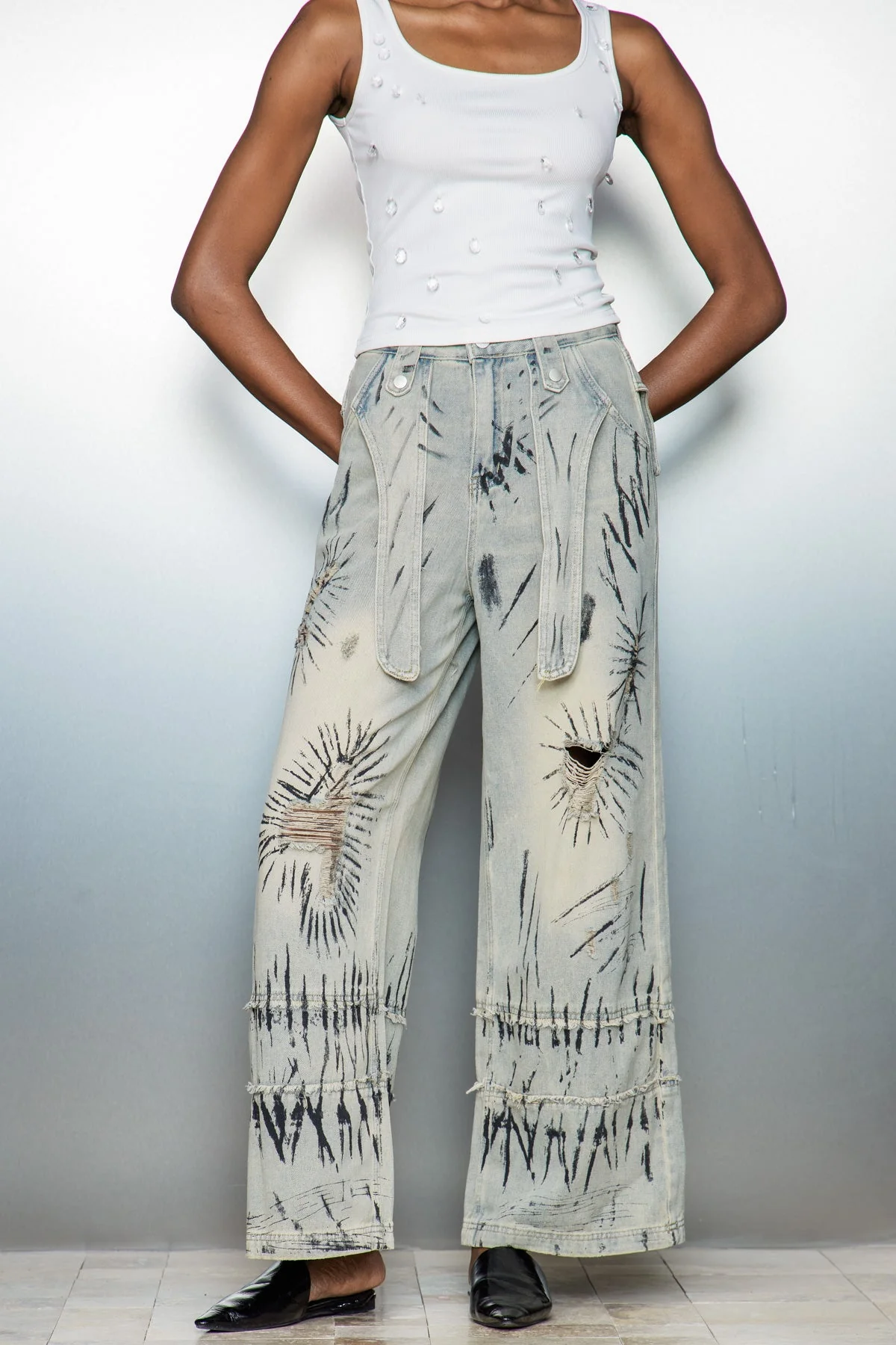 Graffiti Print Wide-Leg Denim Jeans