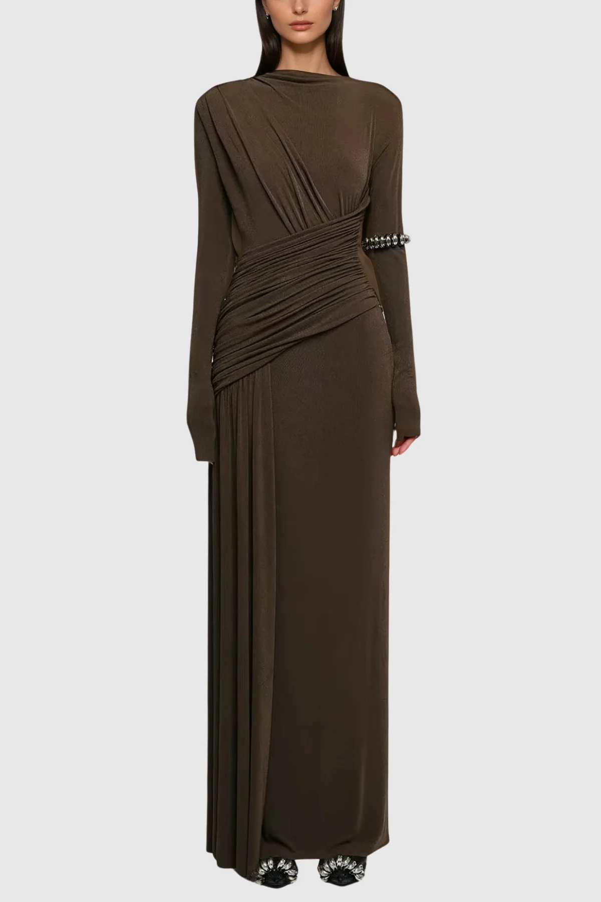 Elegant Brown Asymmetric Maxi Dress with Ruching Detail