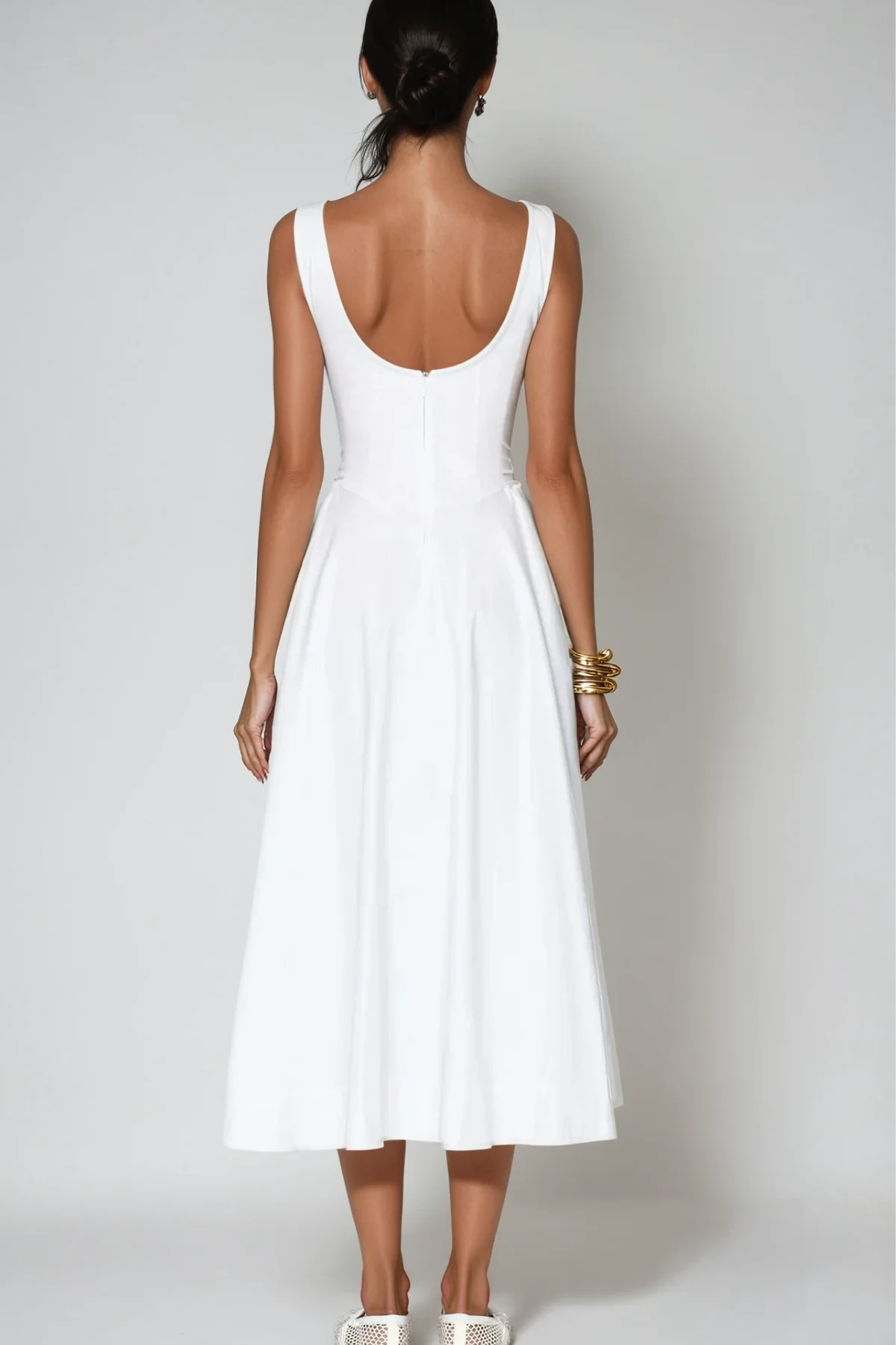 Ruffled White Backless Midi Dress