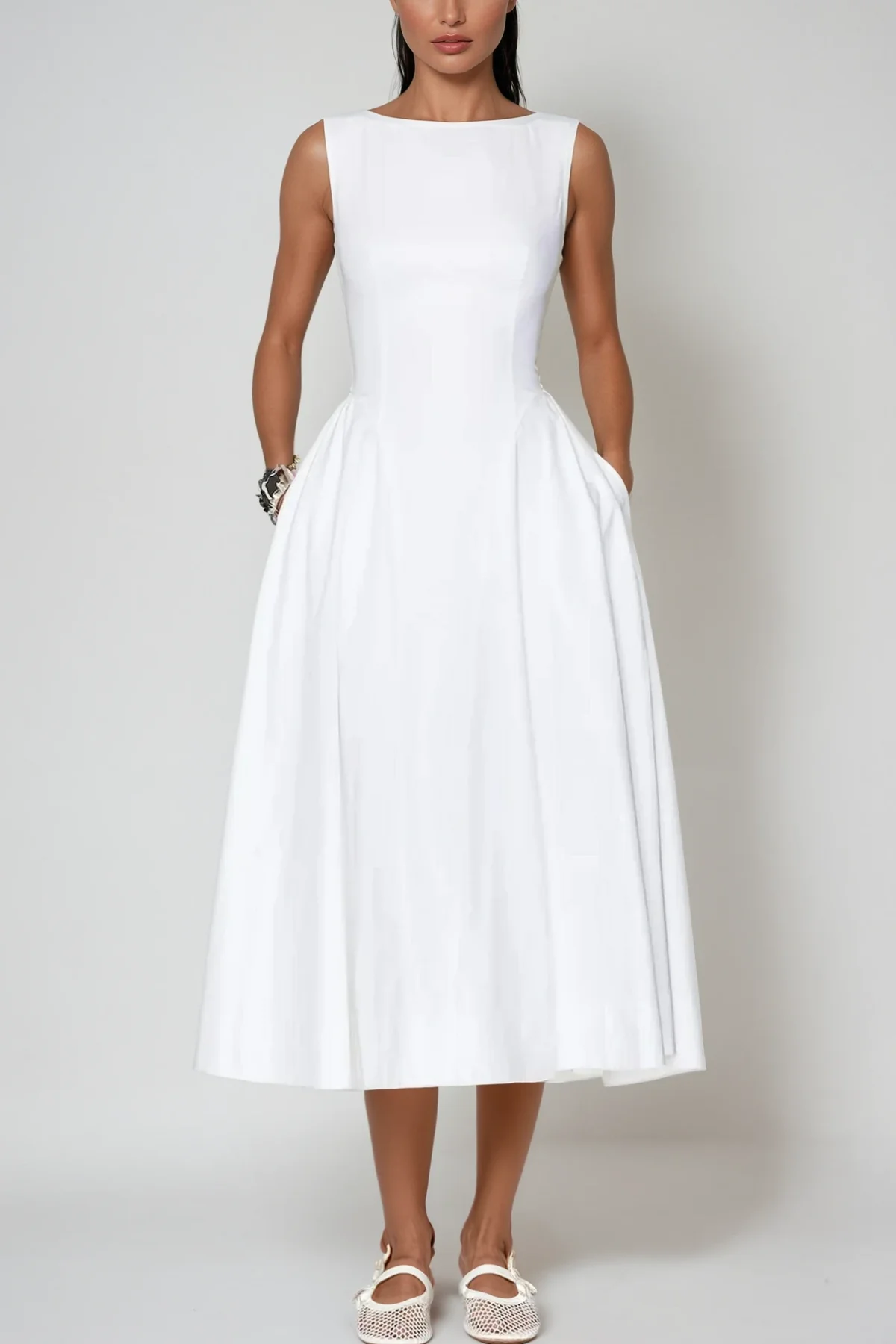 Ruffled White Backless Midi Dress