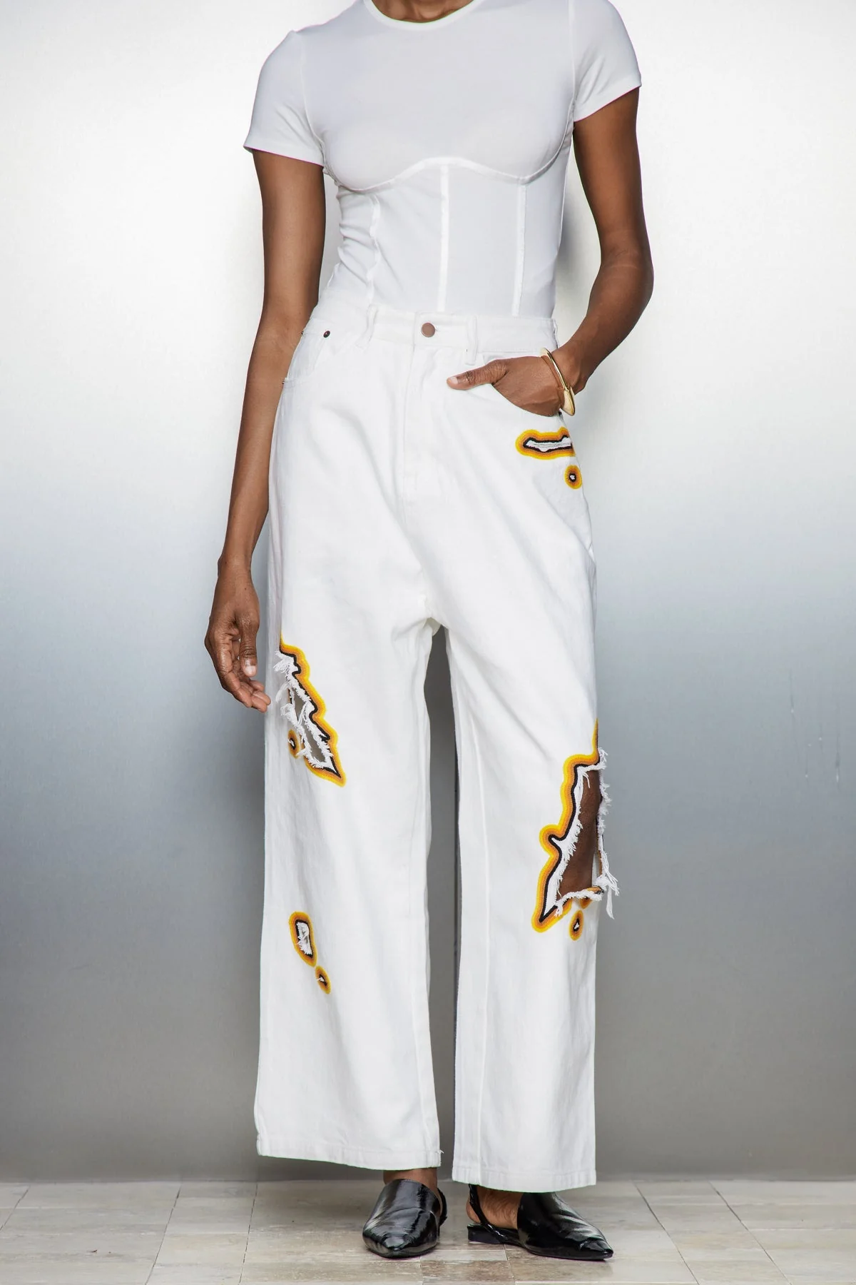 White Embroidered Cutout Jeans - Stylish Contemporary Denim