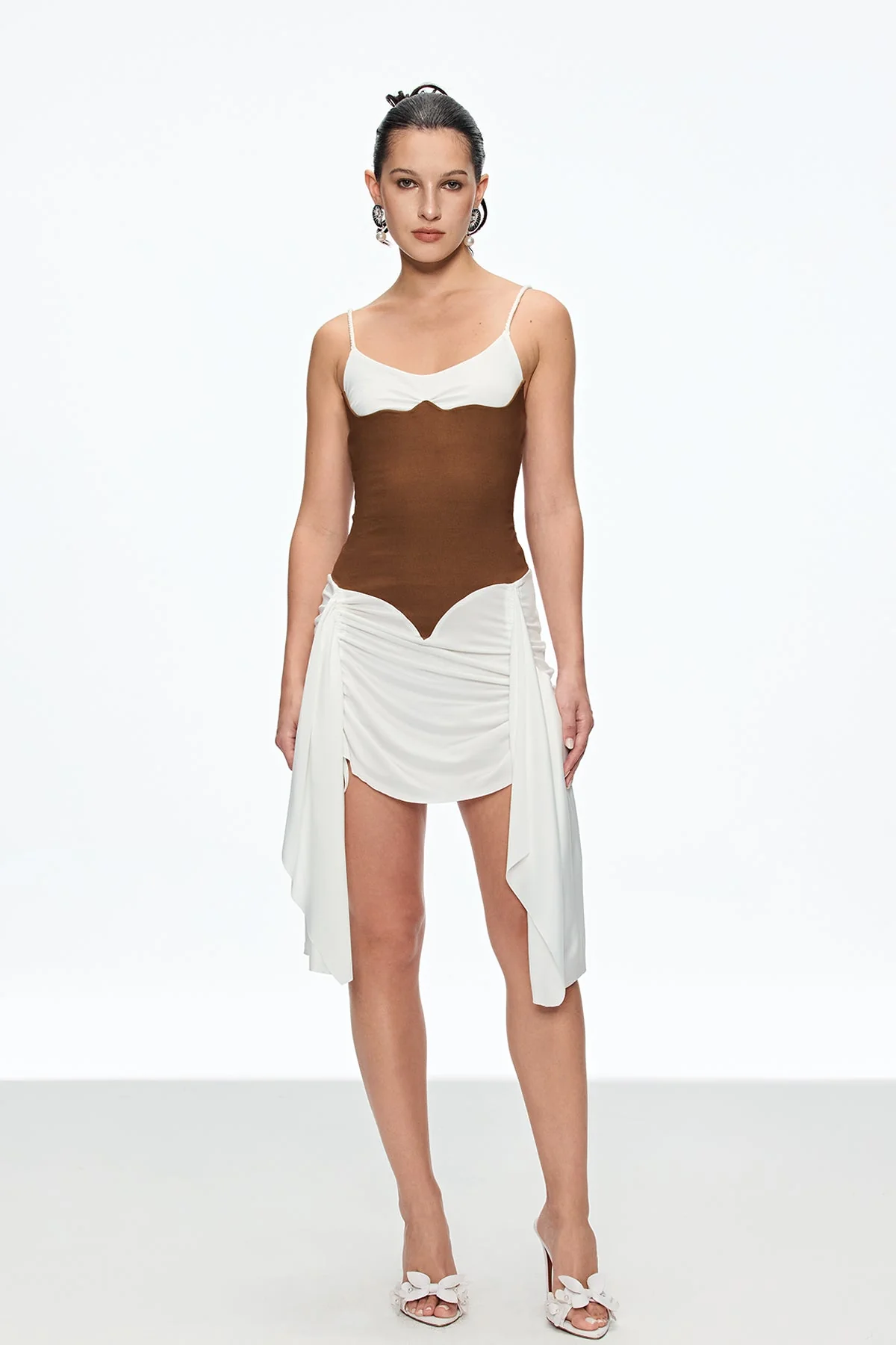 White Ruched Spaghetti Strap Mini Dress