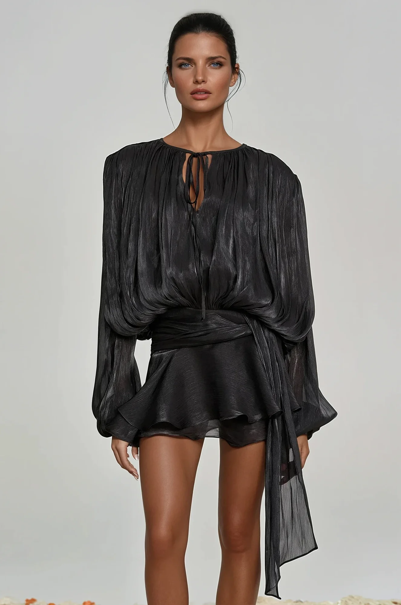Black Ruffled Balloon Sleeve Mini Dress for Elegant Events