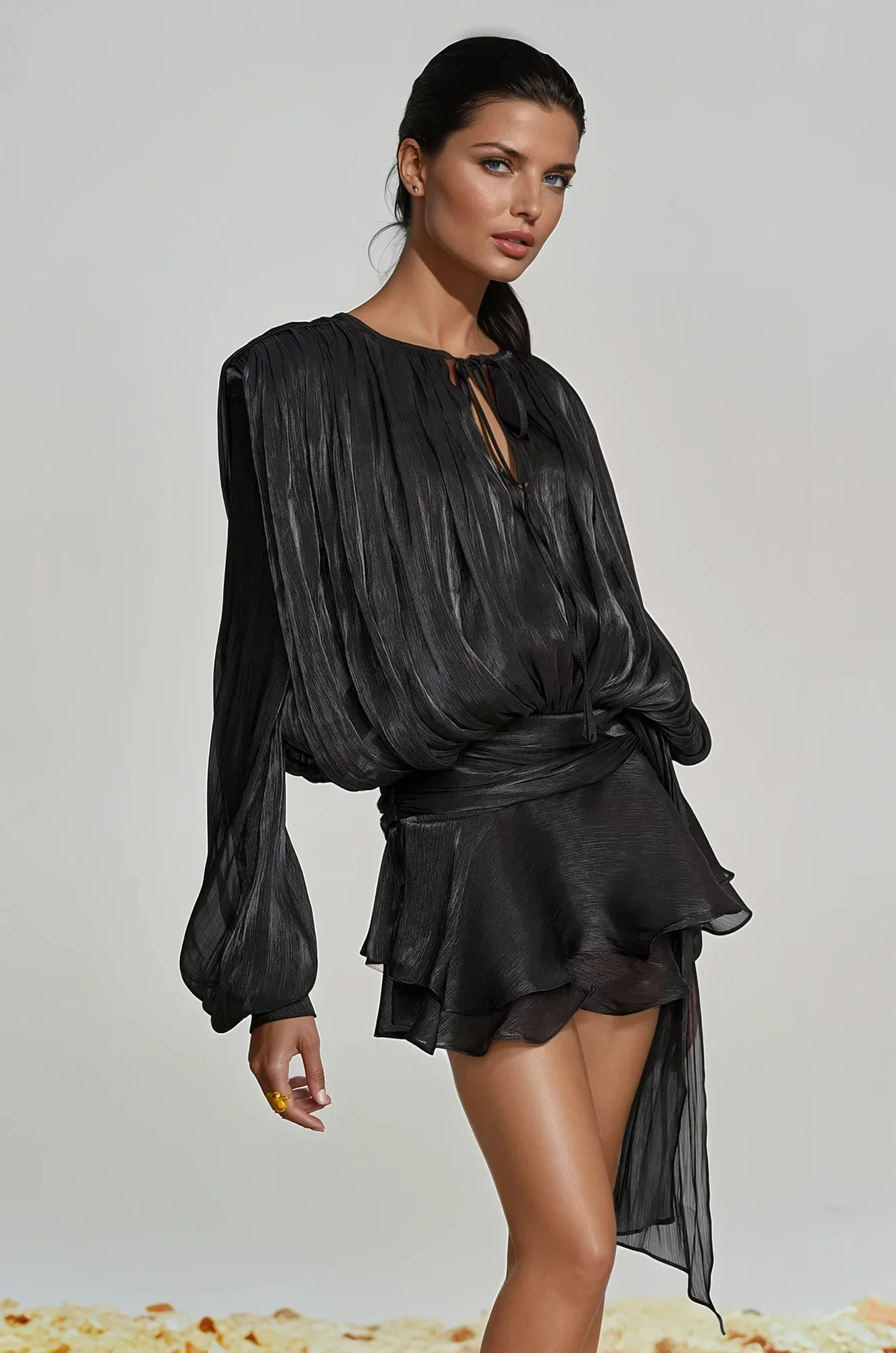 Black Ruffled Balloon Sleeve Mini Dress for Elegant Events