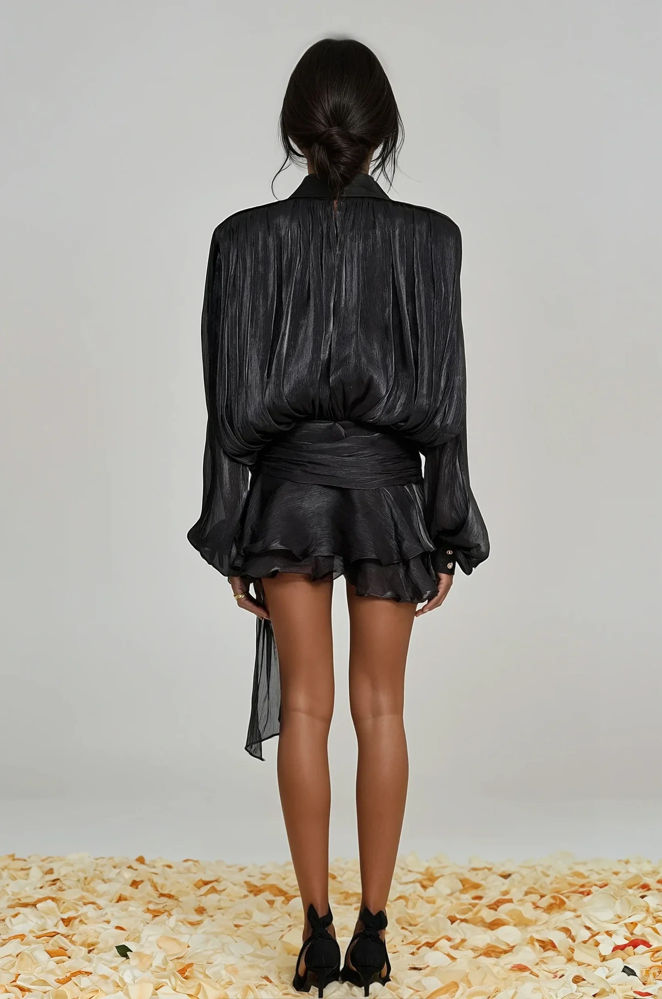 Black Ruffled Balloon Sleeve Mini Dress for Elegant Events